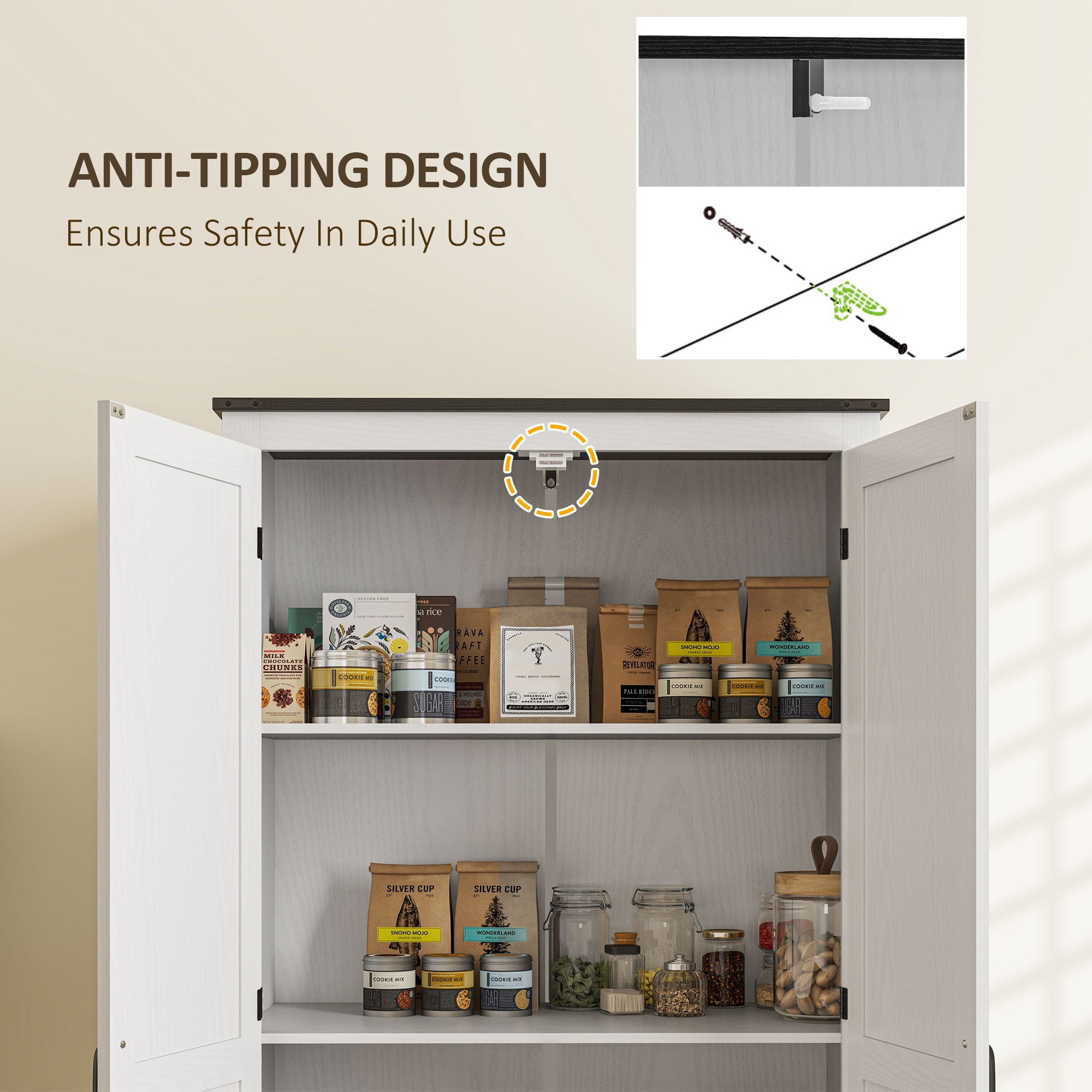 Farmhouse 72" Pantry Cabinet with Adjustable Shelves, 2 Doors, White Wood Grain-DECOROLALA