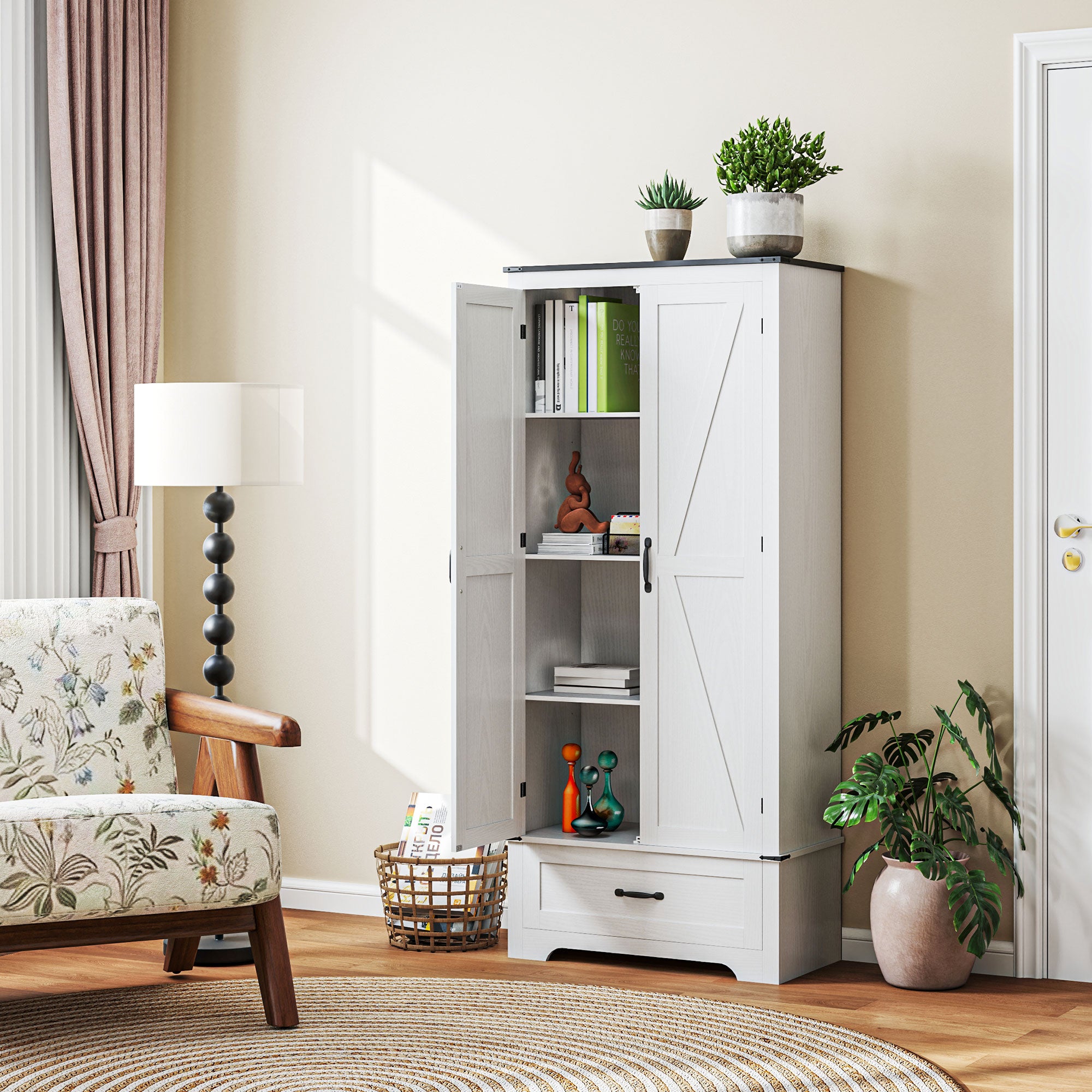 Farmhouse 72" Pantry Cabinet with Adjustable Shelves, 2 Doors, White Wood Grain-DECOROLALA