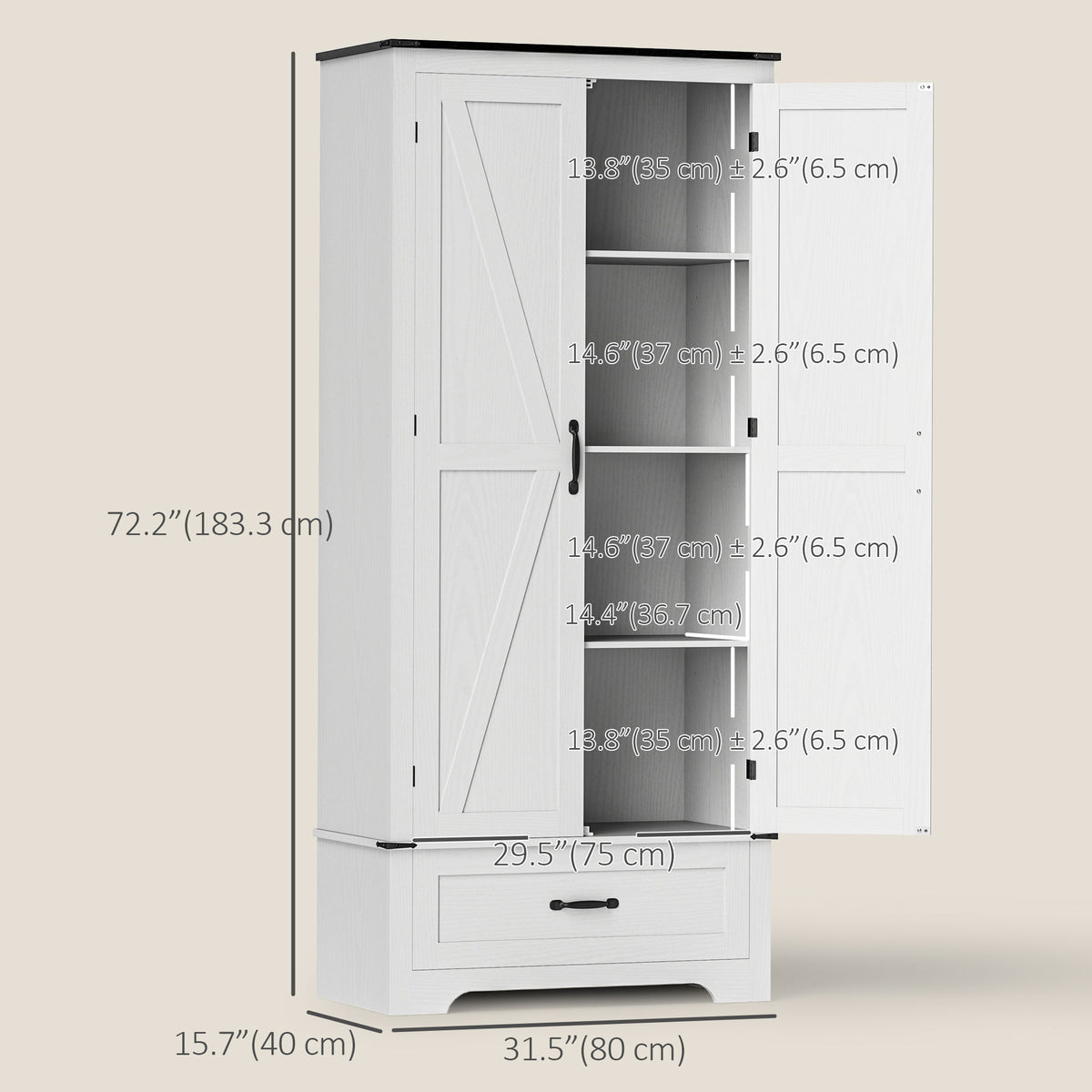 Farmhouse 72" Pantry Cabinet with Adjustable Shelves, 2 Doors, White Wood Grain-Sideboards & Buffets-DECOROLALA
