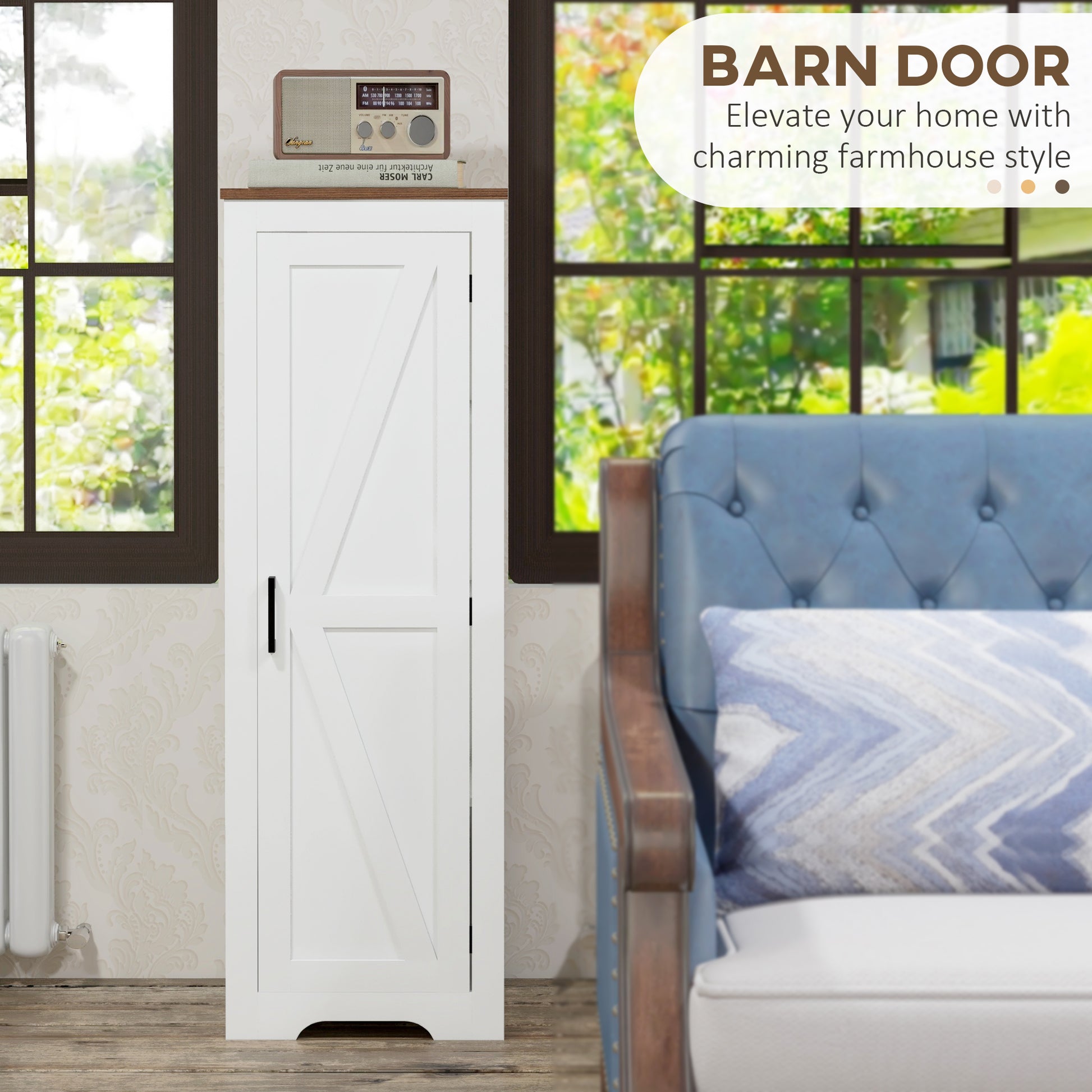 Farmhouse Accent Cabinet with Adjustable Shelf Barn Door Storage Cabinet for Living Room Floor Pantry Cabinet White-Home Furnishings > Storage & Organization > Storage Cabinets-DECOROLALA