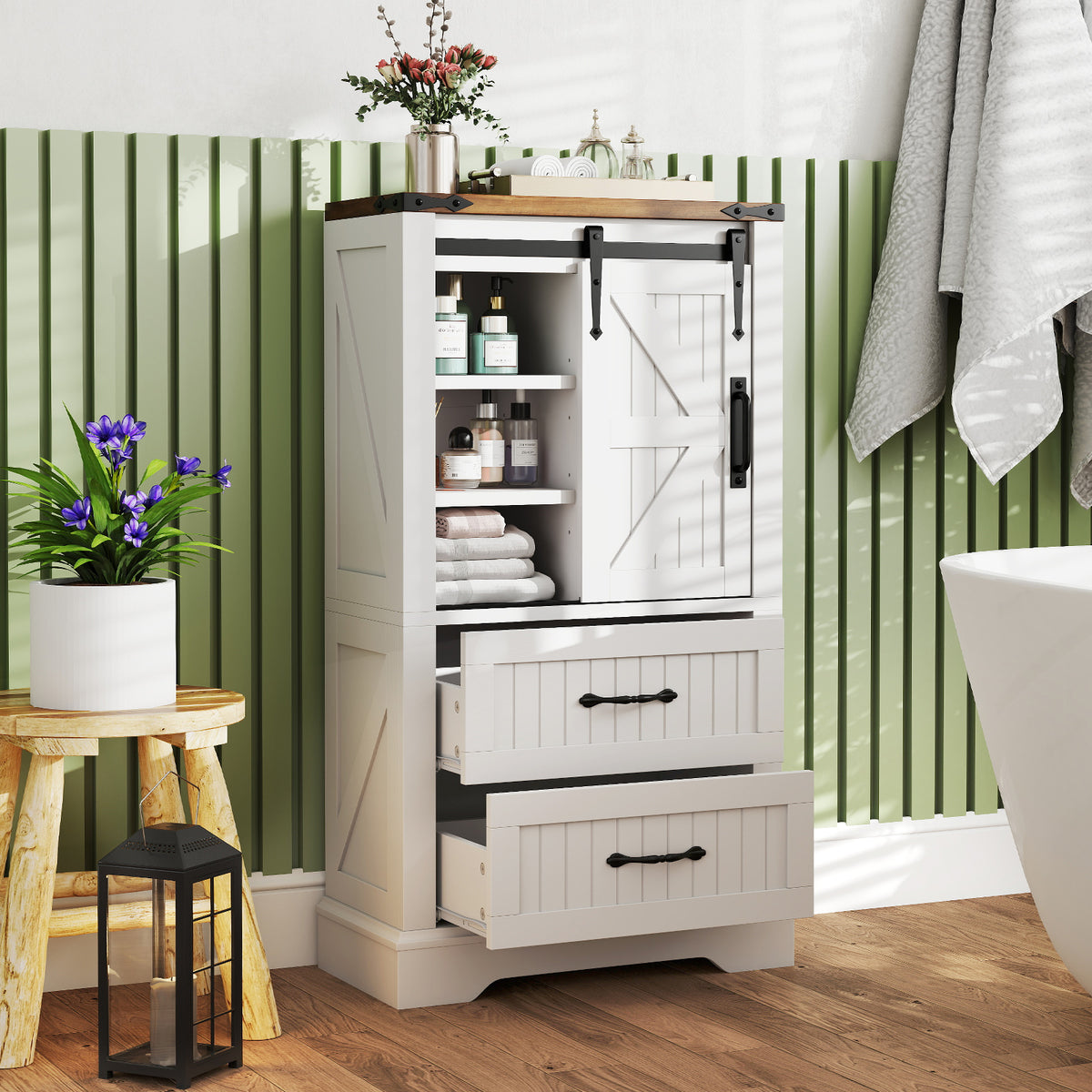 Farmhouse Bathroom Floor Cabinet Barn Door Storage - White-Floor Cabinets-DECOROLALA