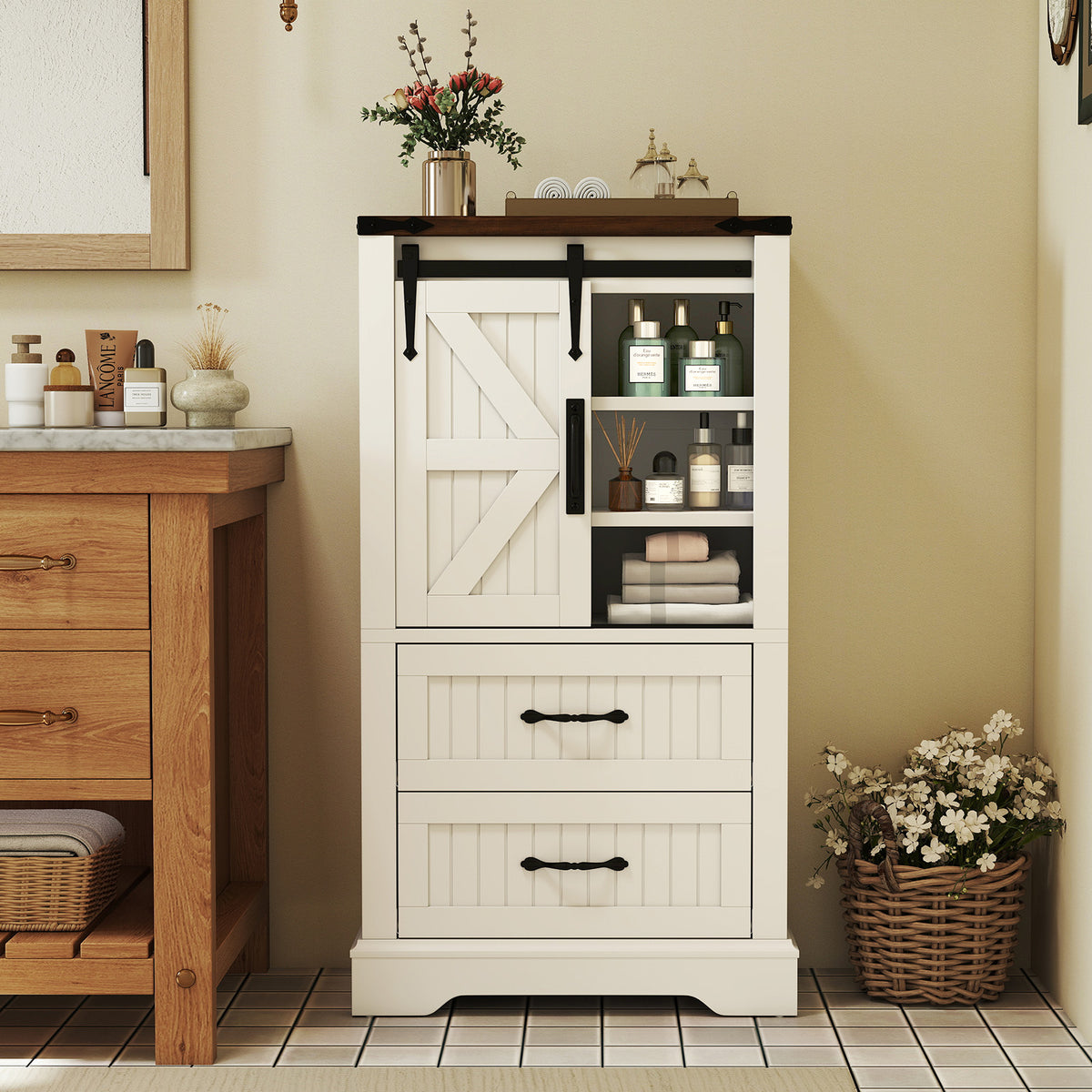 Farmhouse Bathroom Floor Cabinet Barn Door Storage - White-Floor Cabinets-DECOROLALA