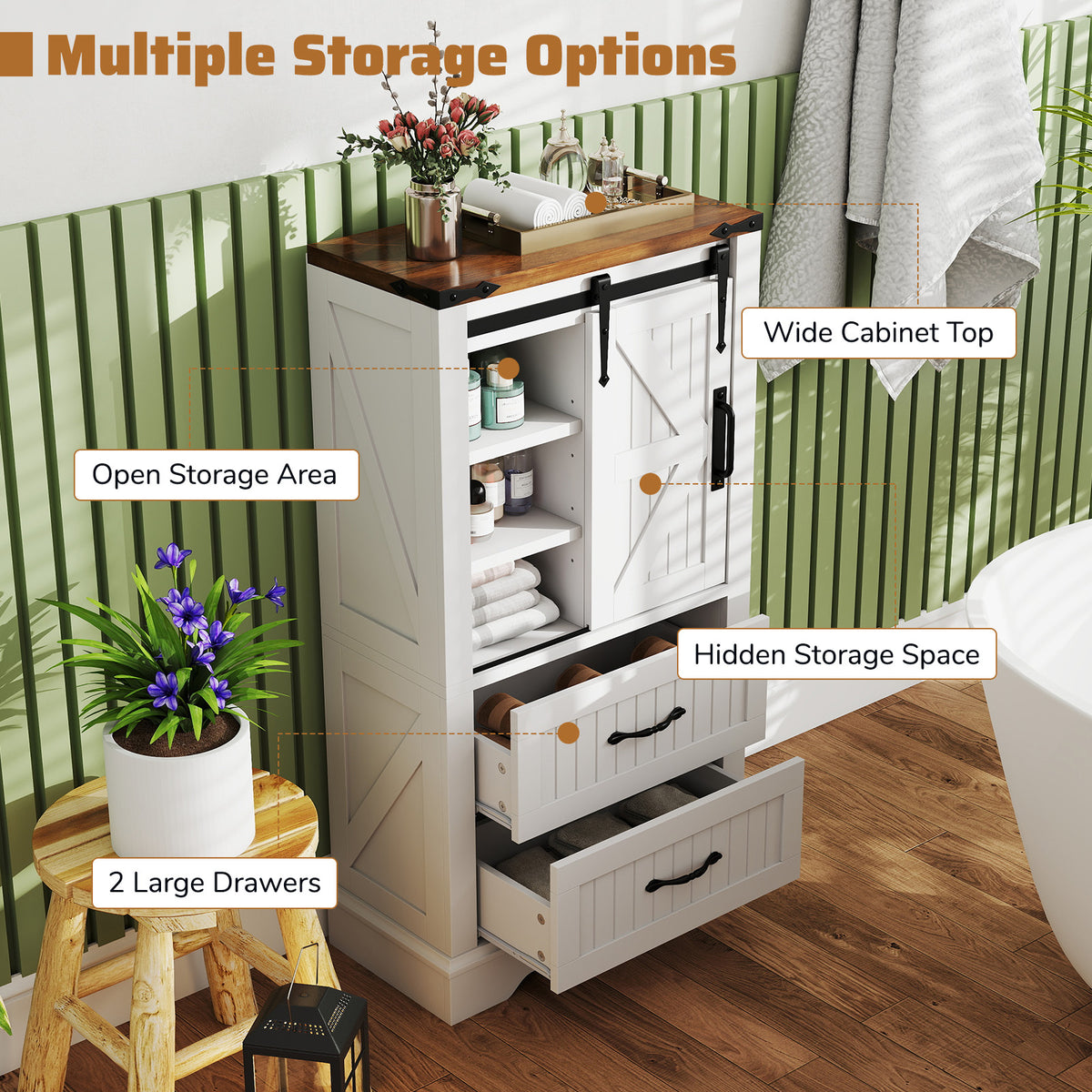 Farmhouse Bathroom Floor Cabinet Barn Door Storage - White-Floor Cabinets-DECOROLALA