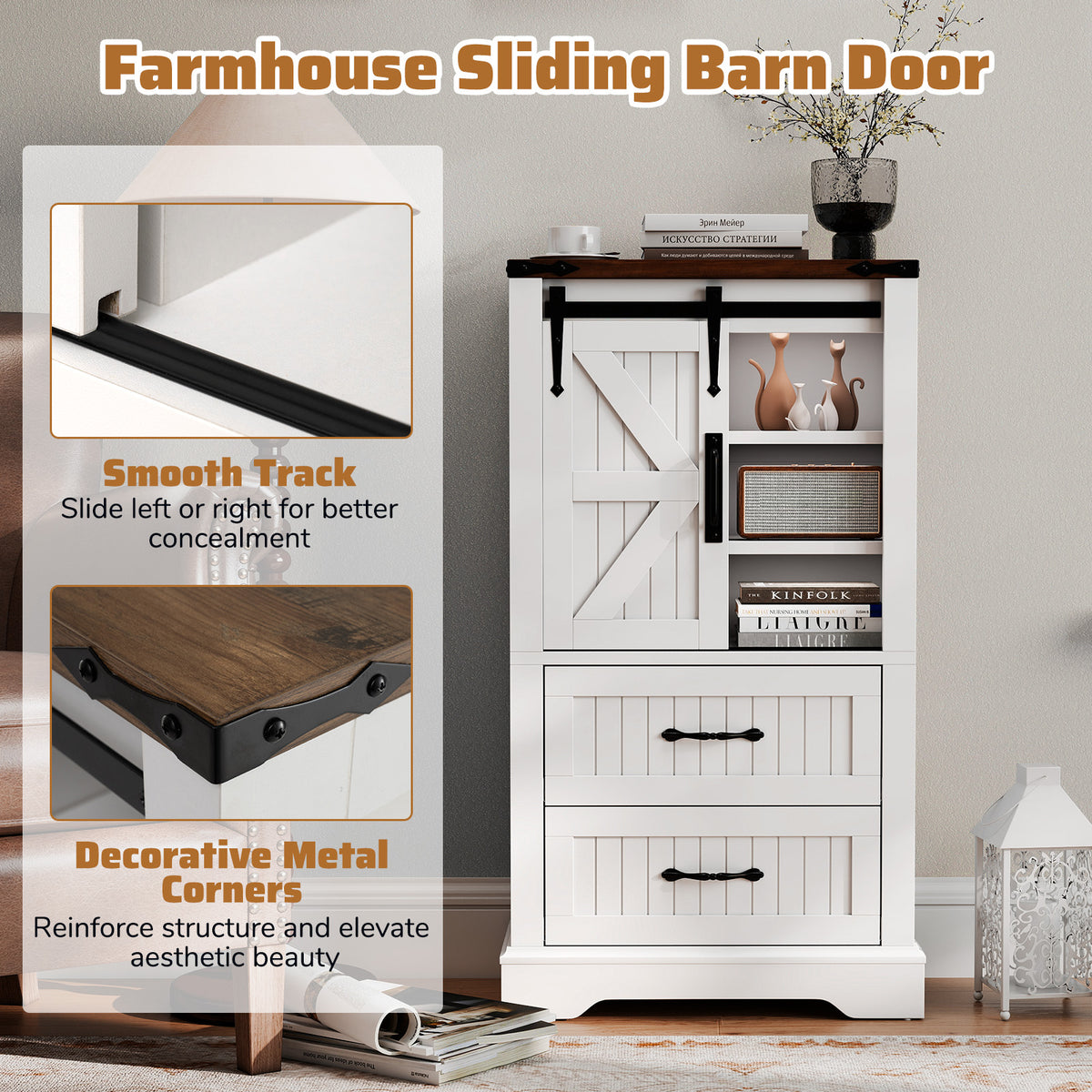 Farmhouse Bathroom Floor Cabinet Barn Door Storage - White-Floor Cabinets-DECOROLALA
