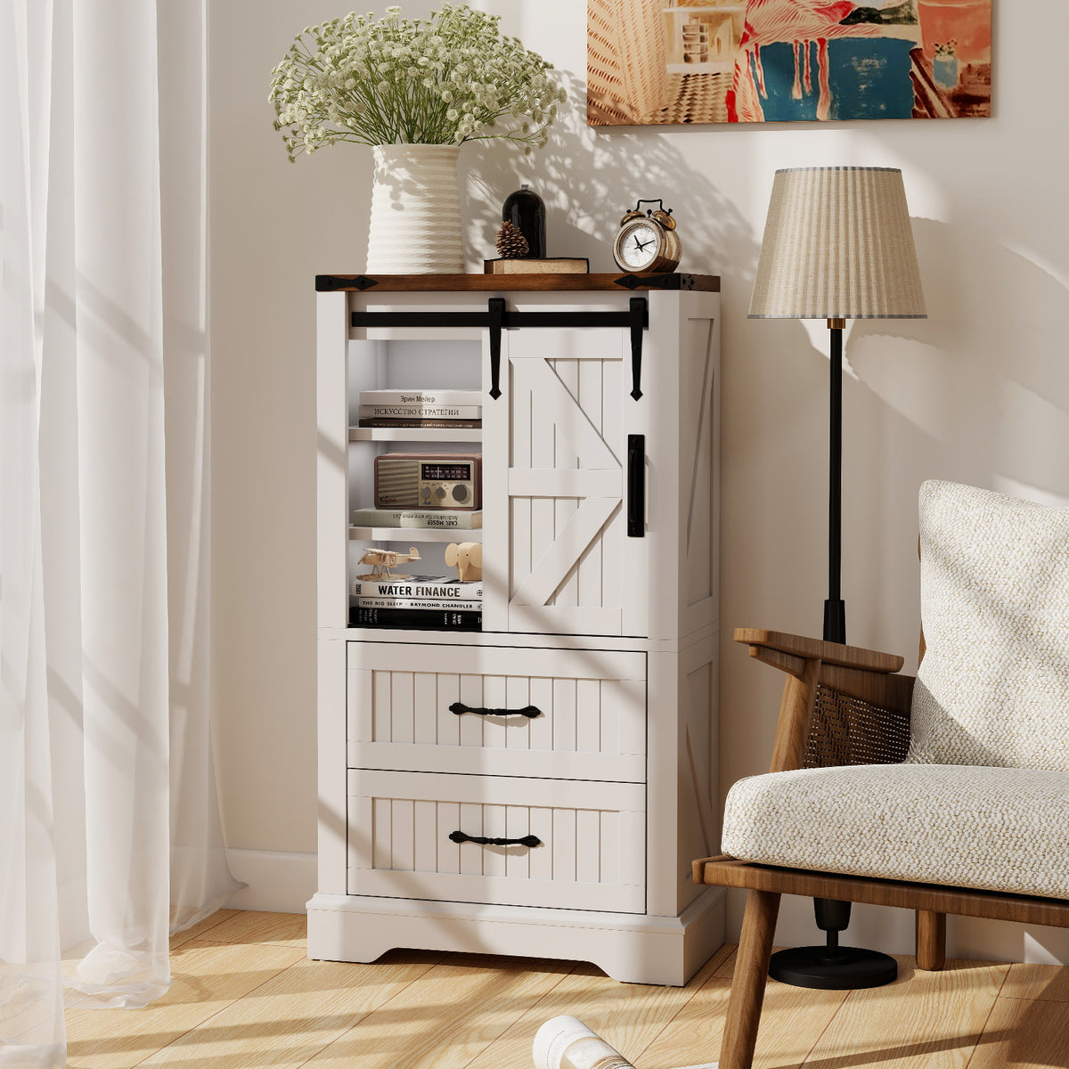 Farmhouse Bathroom Floor Cabinet Barn Door Storage - White-Floor Cabinets-DECOROLALA