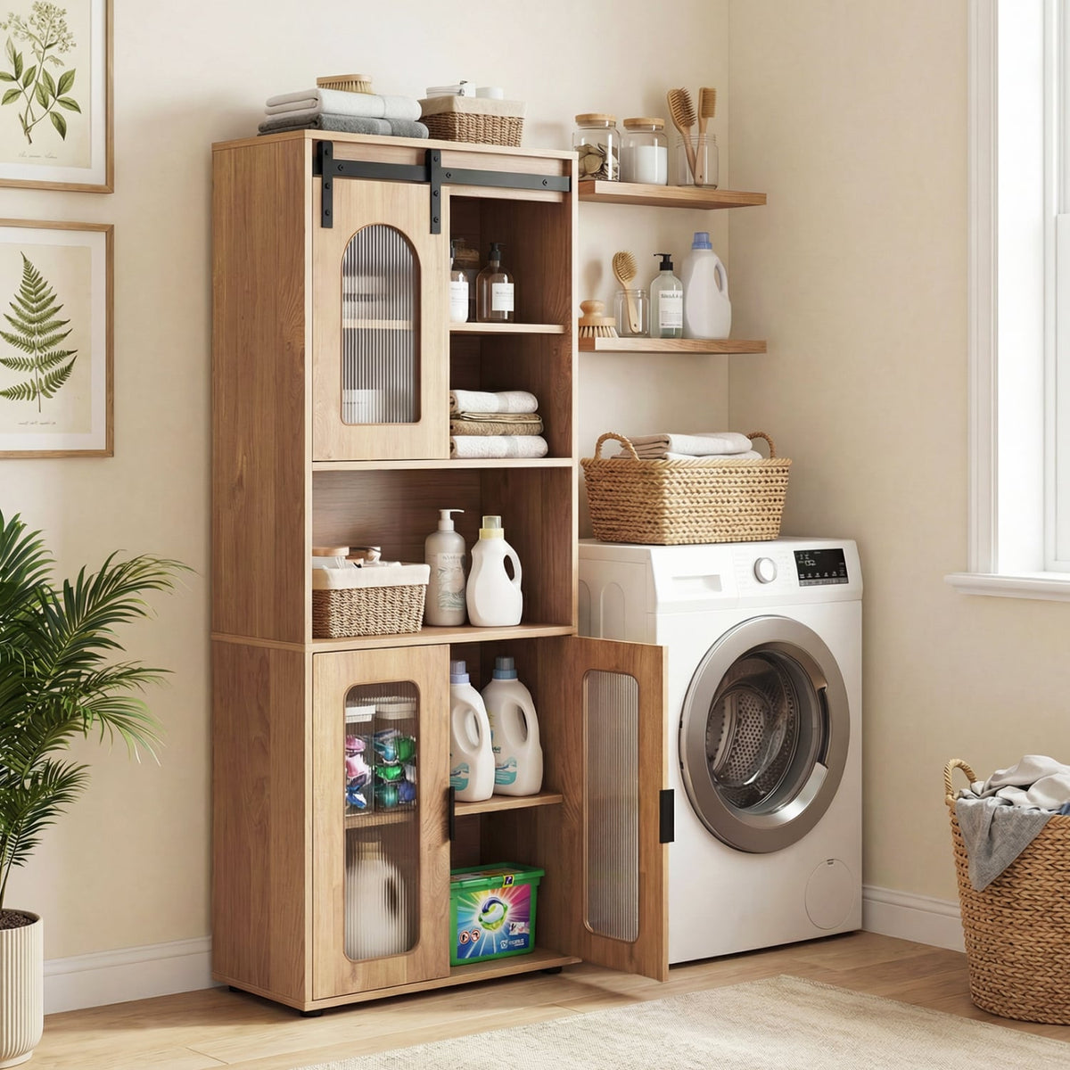 Farmhouse Bathroom Floor Cabinet - Sliding Barn Door Natural 59"-Floor Cabinets-DECOROLALA