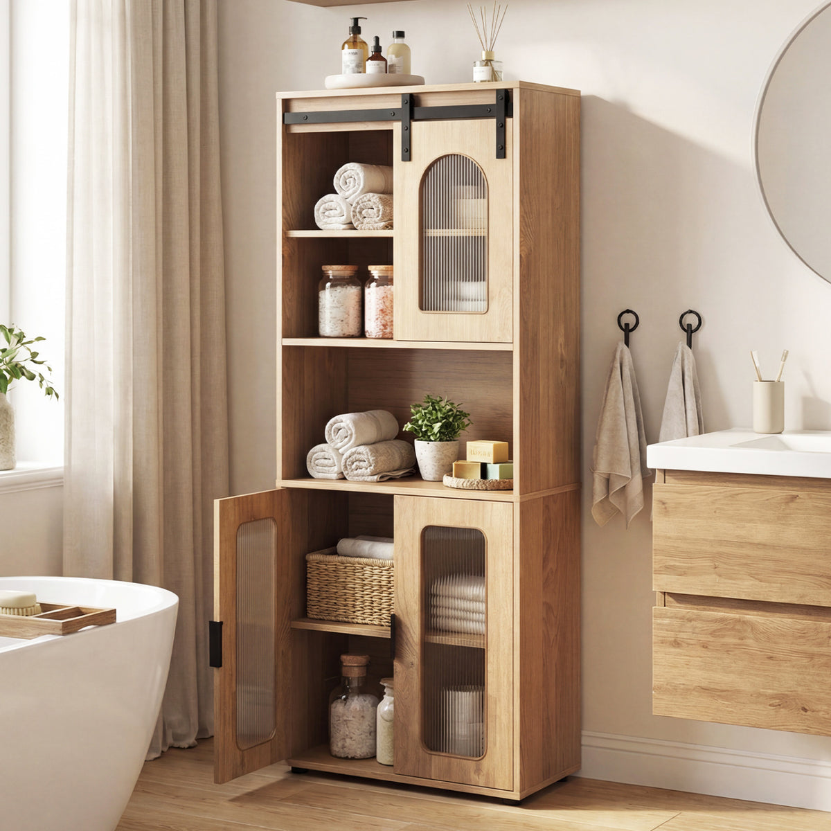Farmhouse Bathroom Floor Cabinet - Sliding Barn Door Natural 59"-Floor Cabinets-DECOROLALA
