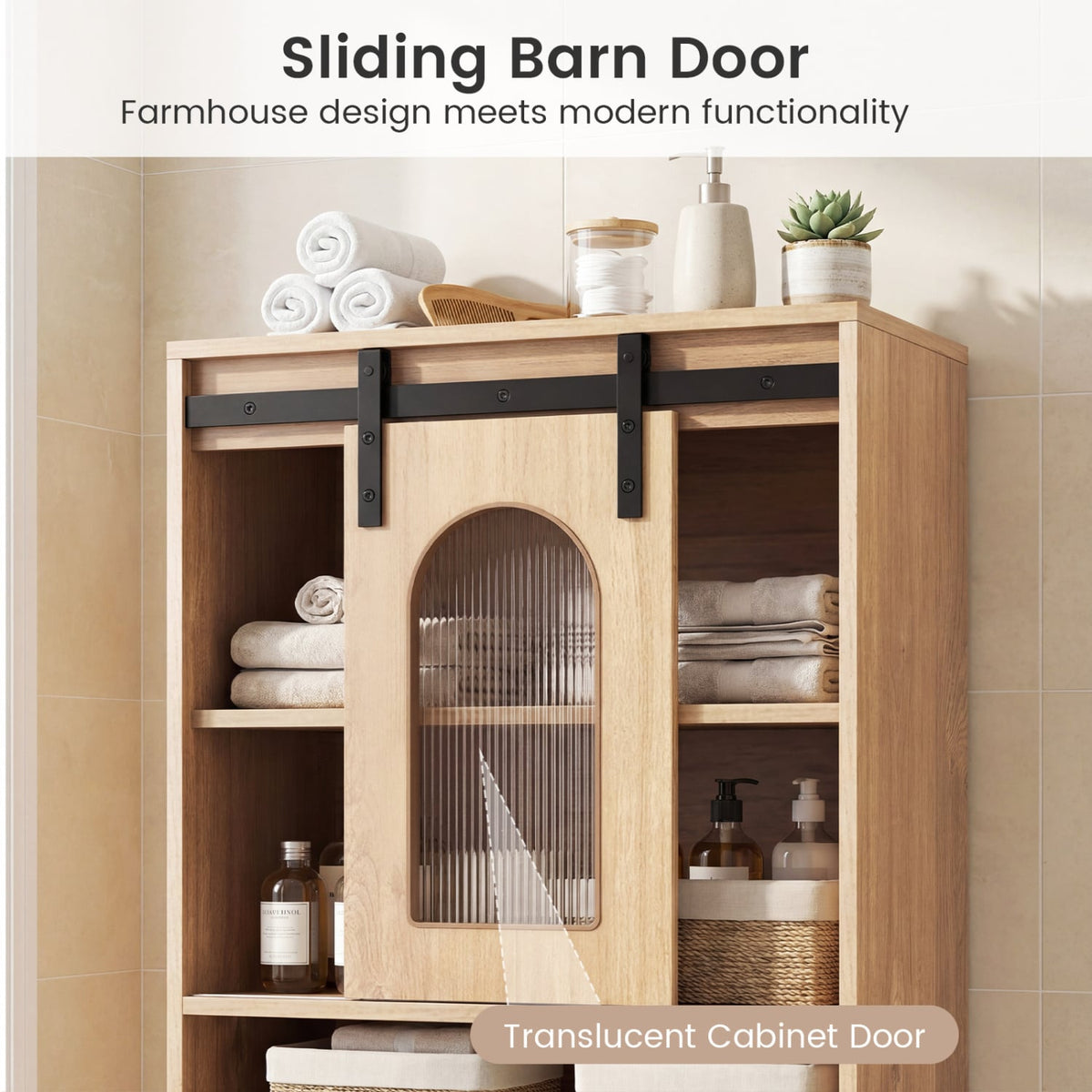 Farmhouse Bathroom Floor Cabinet - Sliding Barn Door Natural 59"-Floor Cabinets-DECOROLALA