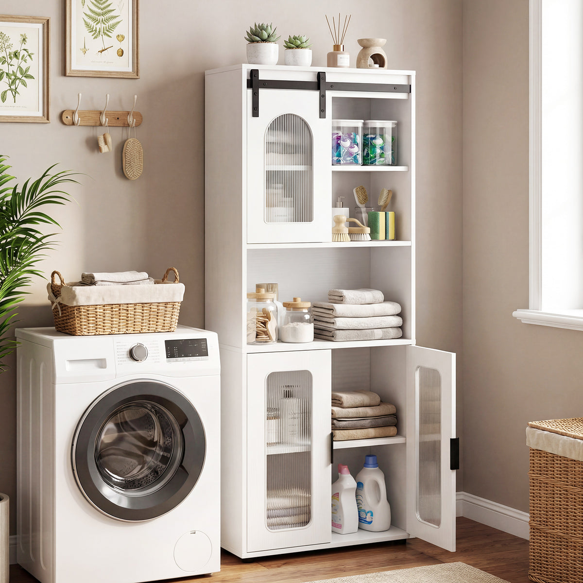 Farmhouse Bathroom Floor Cabinet with Sliding Barn Door - White-Floor Cabinets-DECOROLALA