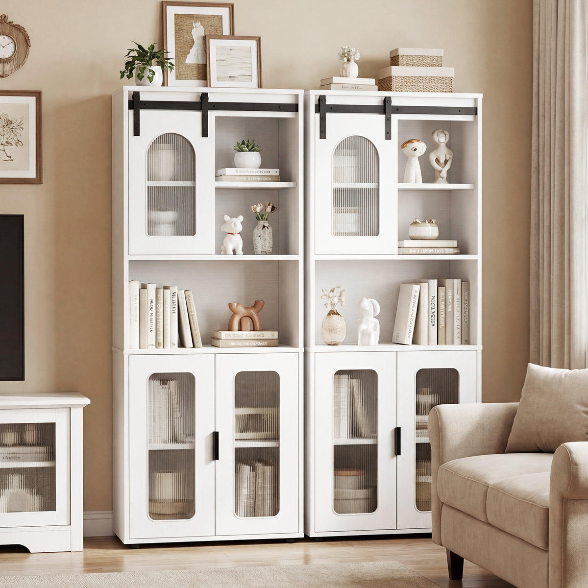 Farmhouse Bathroom Floor Cabinet with Sliding Barn Door - White-Floor Cabinets-DECOROLALA