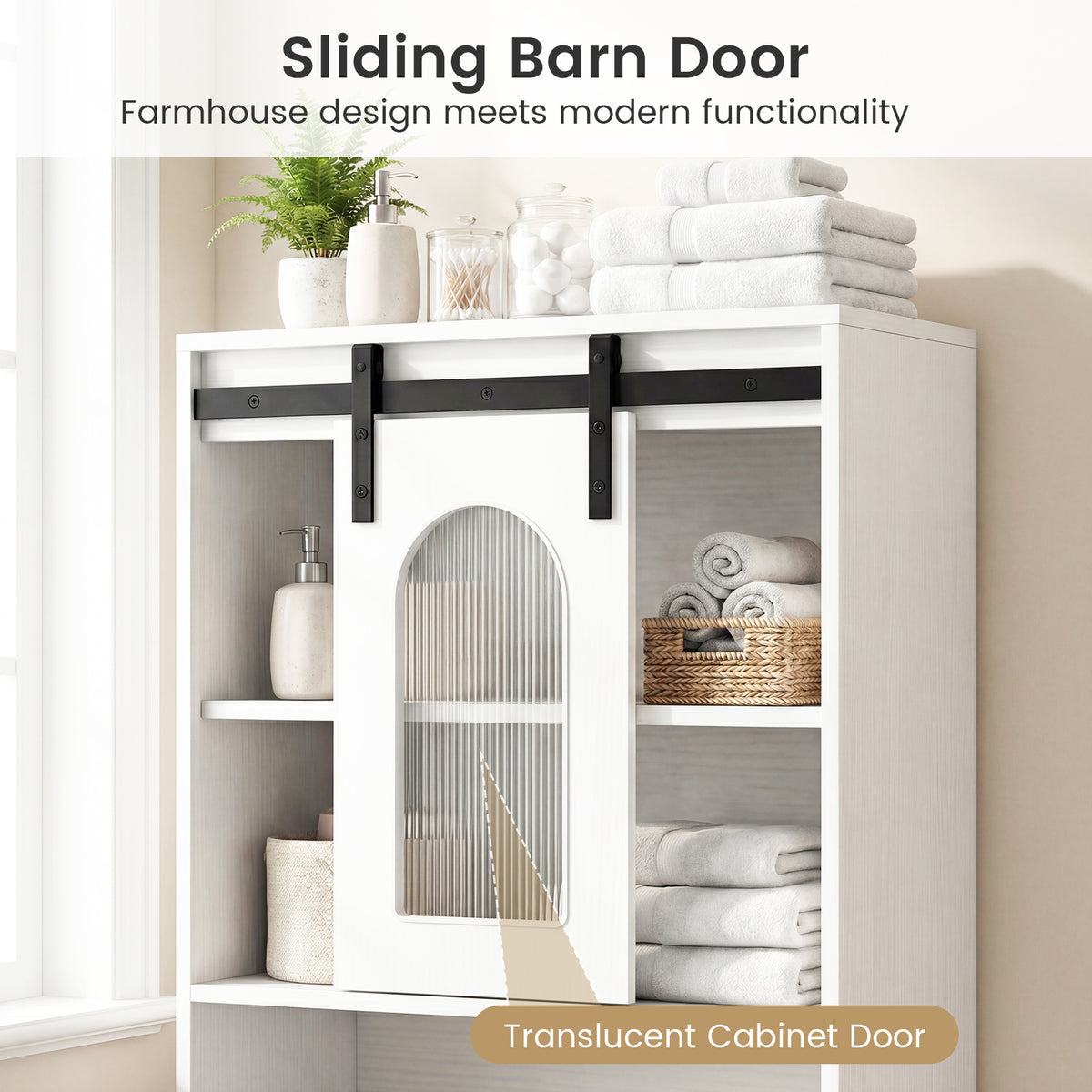 Farmhouse Bathroom Floor Cabinet with Sliding Barn Door - White-Floor Cabinets-DECOROLALA