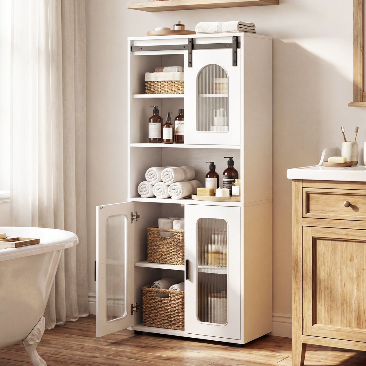 Farmhouse Bathroom Floor Cabinet with Sliding Barn Door - White-Floor Cabinets-DECOROLALA