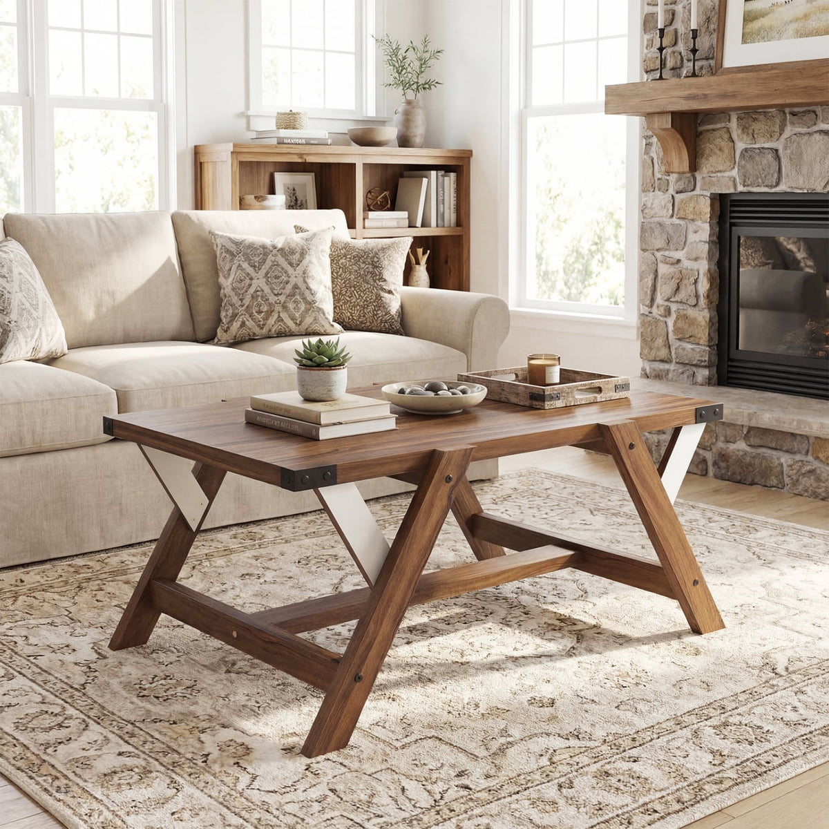 Farmhouse Center Table with Decorative Nailhead Accents for Living Room-Walnut-Coffee Tables-DECOROLALA