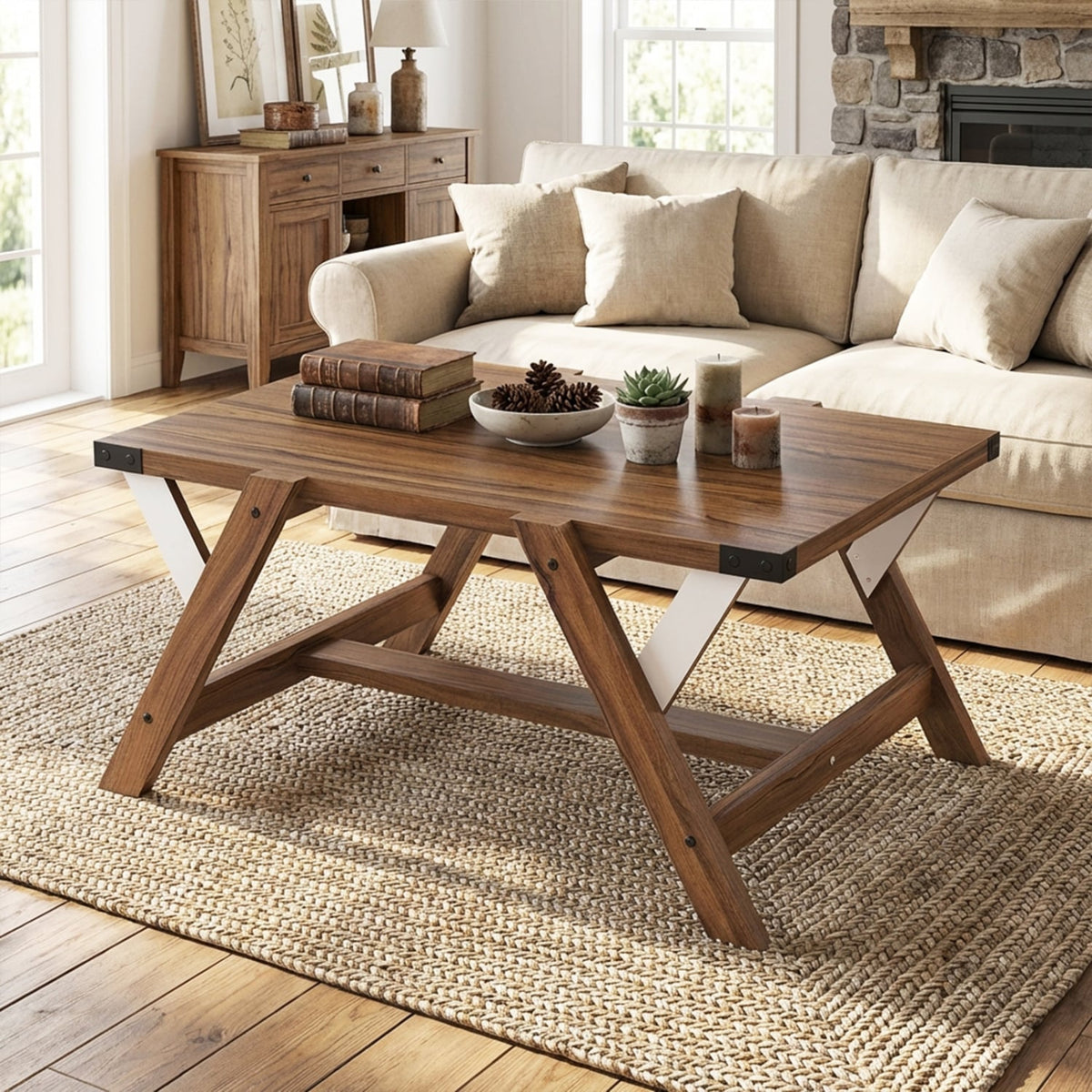 Farmhouse Center Table with Decorative Nailhead Accents for Living Room-Walnut-Coffee Tables-DECOROLALA