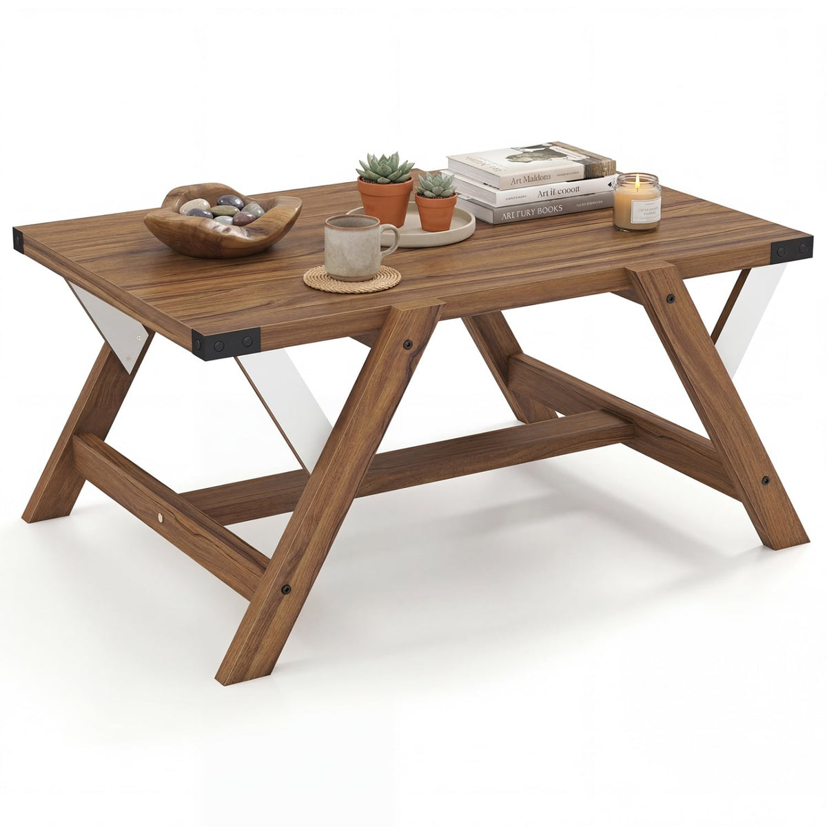 Farmhouse Center Table with Decorative Nailhead Accents for Living Room-Walnut-Coffee Tables-DECOROLALA