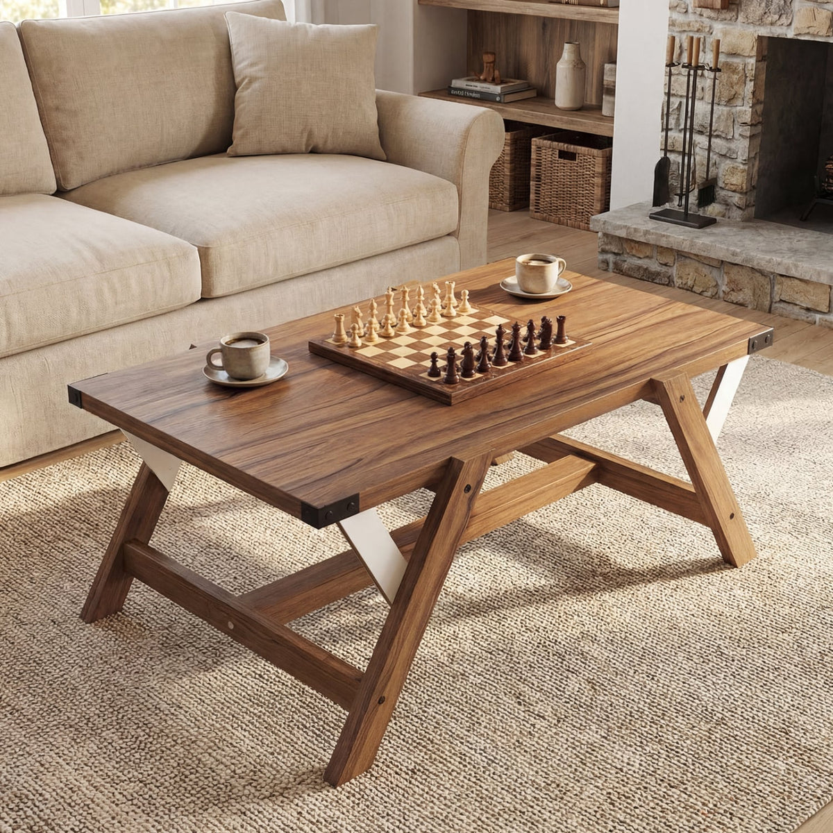 Farmhouse Center Table with Decorative Nailhead Accents for Living Room-Walnut-Coffee Tables-DECOROLALA