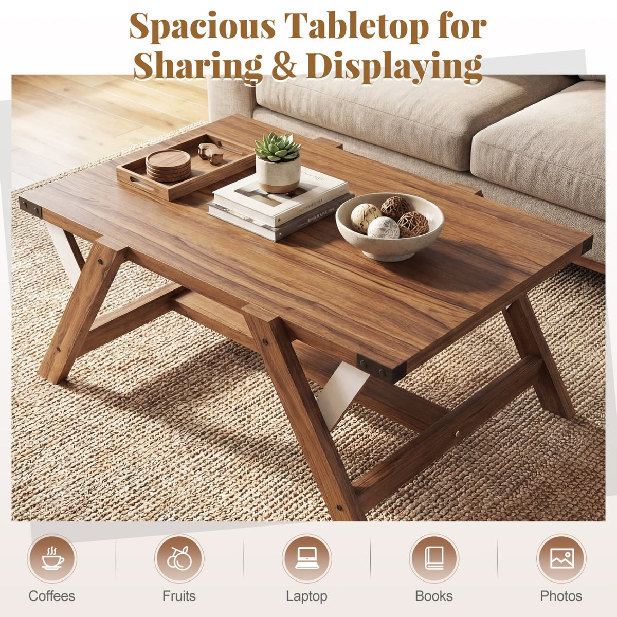 Farmhouse Center Table with Decorative Nailhead Accents for Living Room-Walnut-Coffee Tables-DECOROLALA