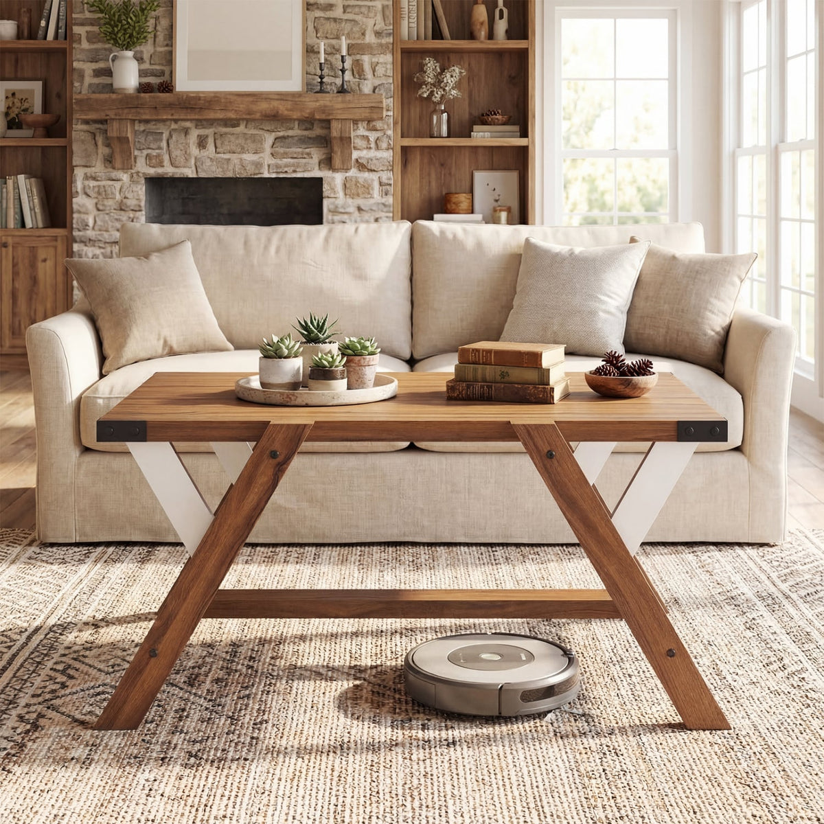 Farmhouse Center Table with Decorative Nailhead Accents for Living Room-Walnut-Coffee Tables-DECOROLALA