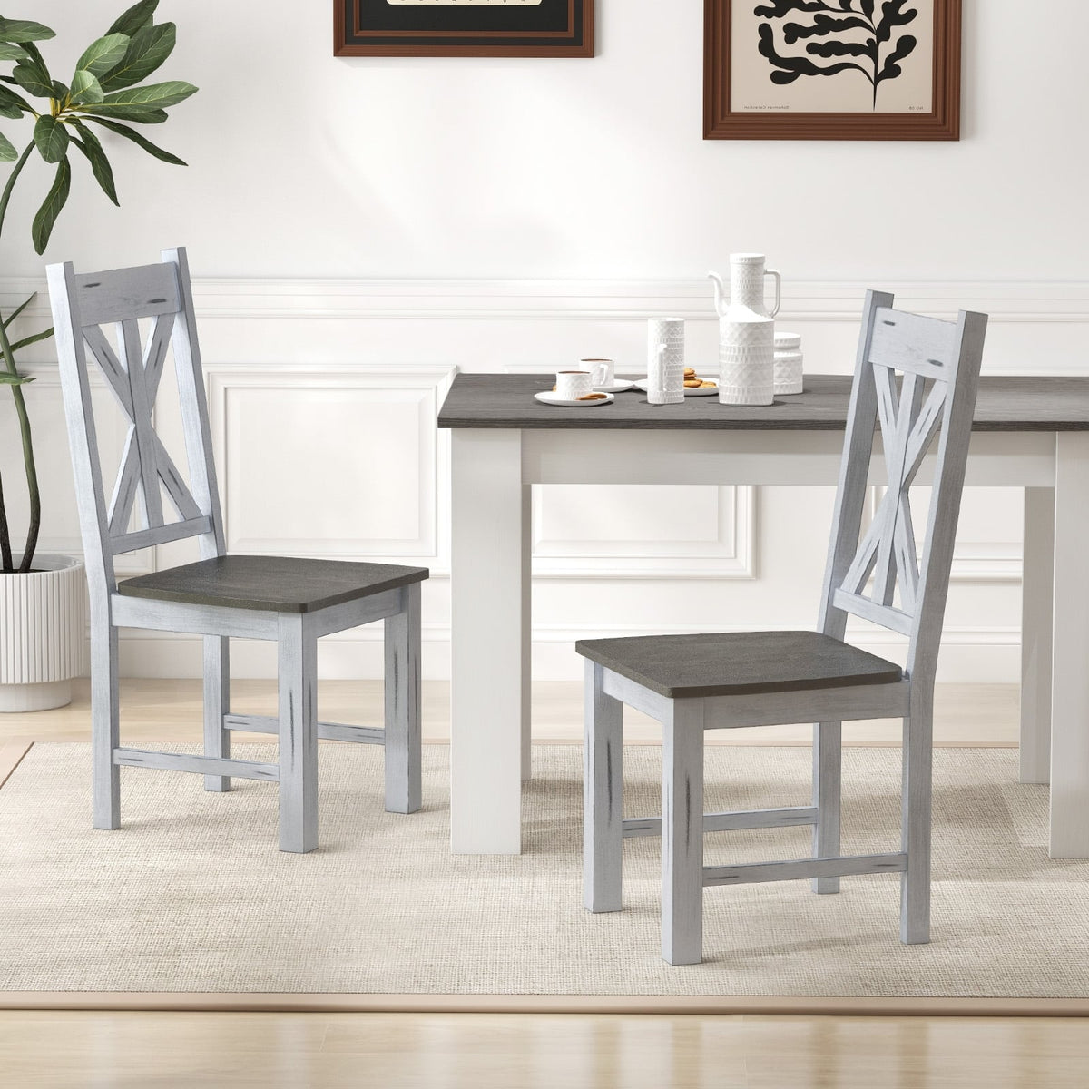 Farmhouse Chair Set of 2 with Rubber Wood Frame and Elegant Hollowed Backrest-Gray-Dining Chairs-DECOROLALA