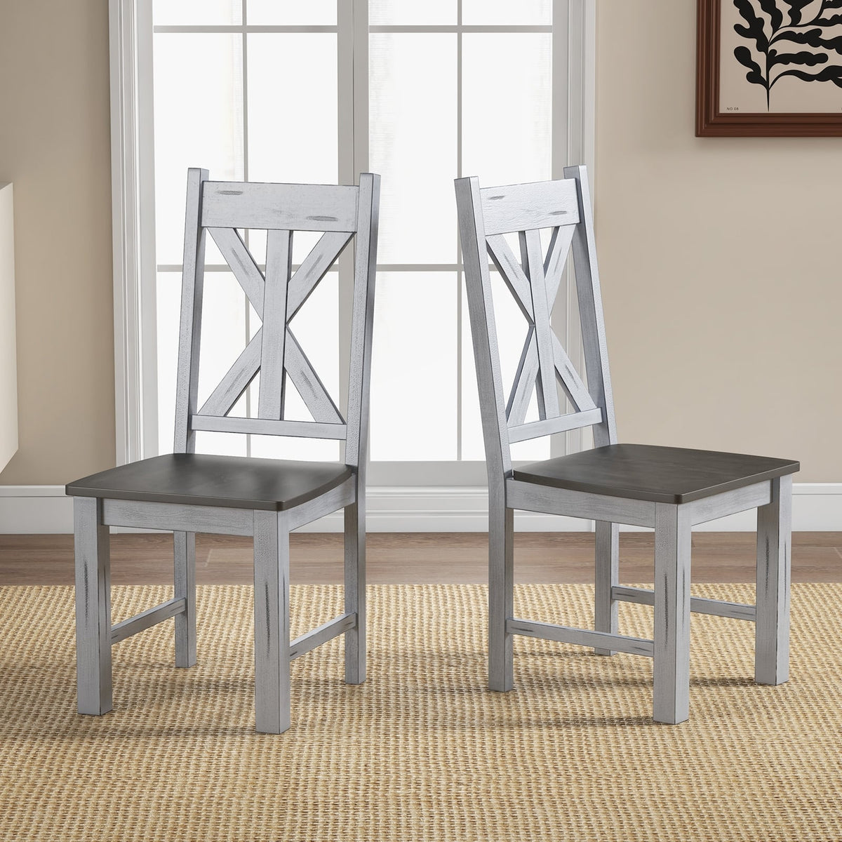 Farmhouse Chair Set of 2 with Rubber Wood Frame and Elegant Hollowed Backrest-Gray-Dining Chairs-DECOROLALA