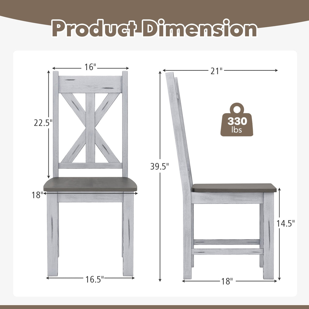 Farmhouse Chair Set of 2 with Rubber Wood Frame and Elegant Hollowed Backrest-Gray-Dining Chairs-DECOROLALA