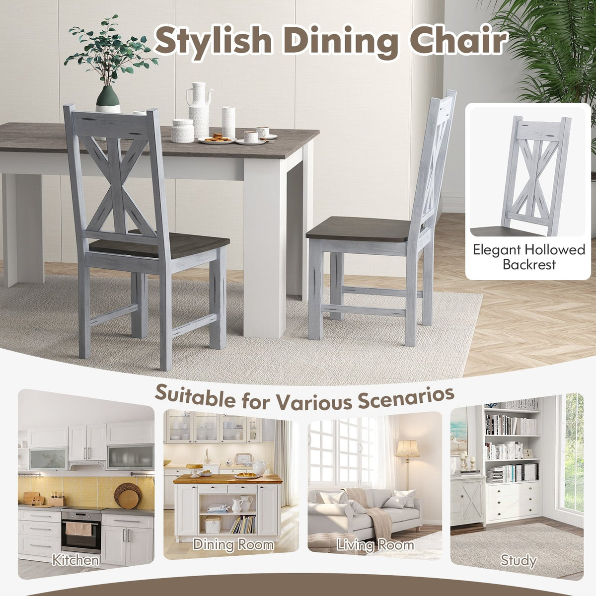 Farmhouse Chair Set of 2 with Rubber Wood Frame and Elegant Hollowed Backrest-Gray-Dining Chairs-DECOROLALA