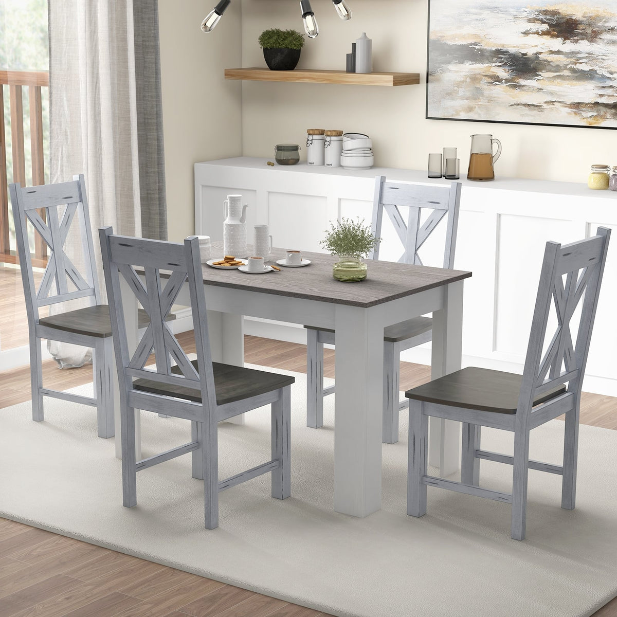 Farmhouse Chair Set of 2 with Rubber Wood Frame and Elegant Hollowed Backrest-Gray-Dining Chairs-DECOROLALA