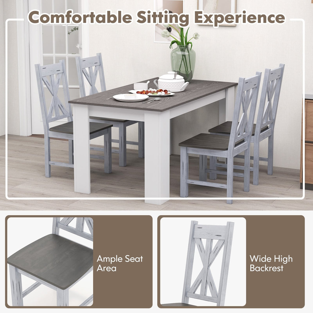 Farmhouse Chair Set of 2 with Rubber Wood Frame and Elegant Hollowed Backrest-Gray-Dining Chairs-DECOROLALA