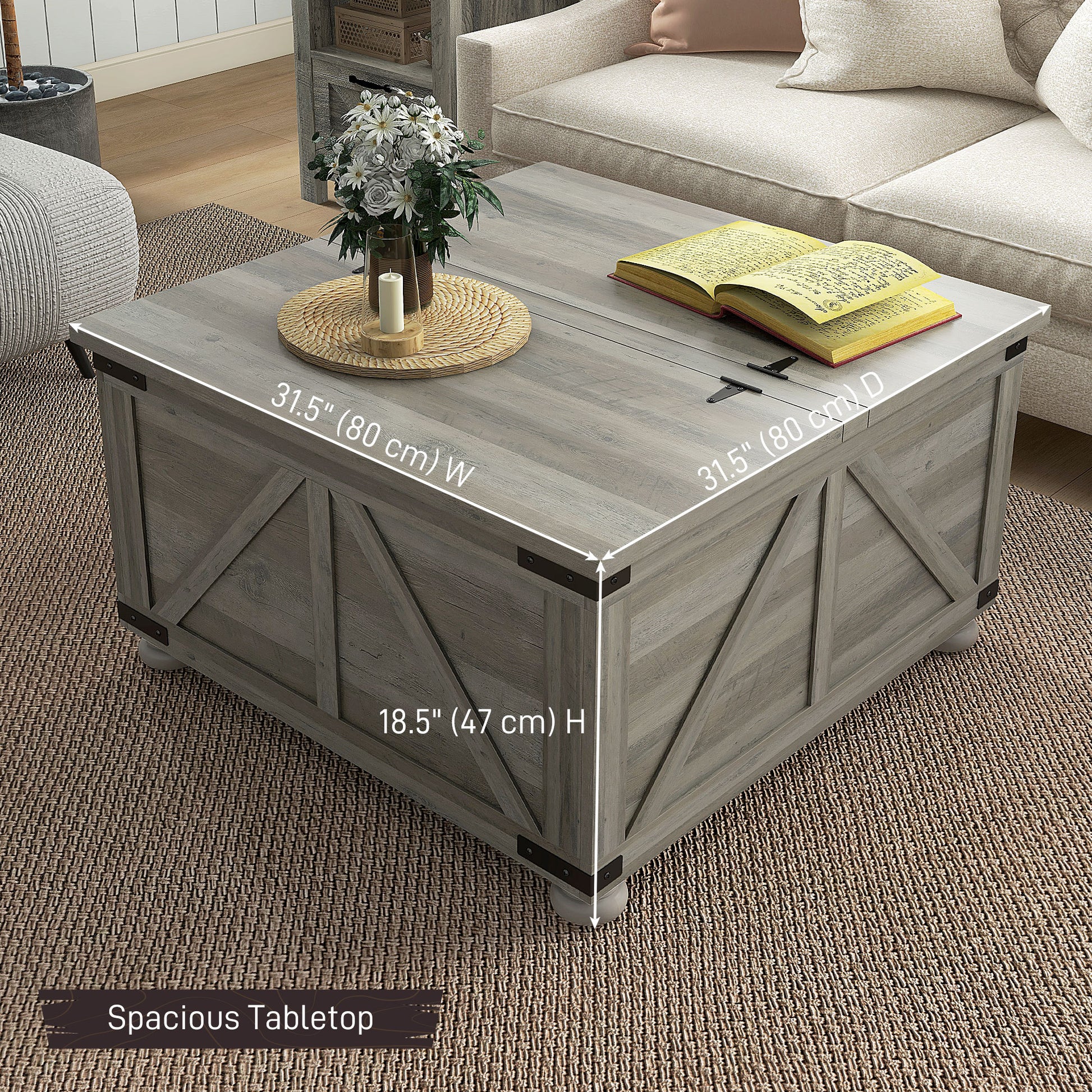 Farmhouse Coffee Table, Distressed Grey, Flip-top Lids, Storage, 31.5"x31.5"-DECOROLALA