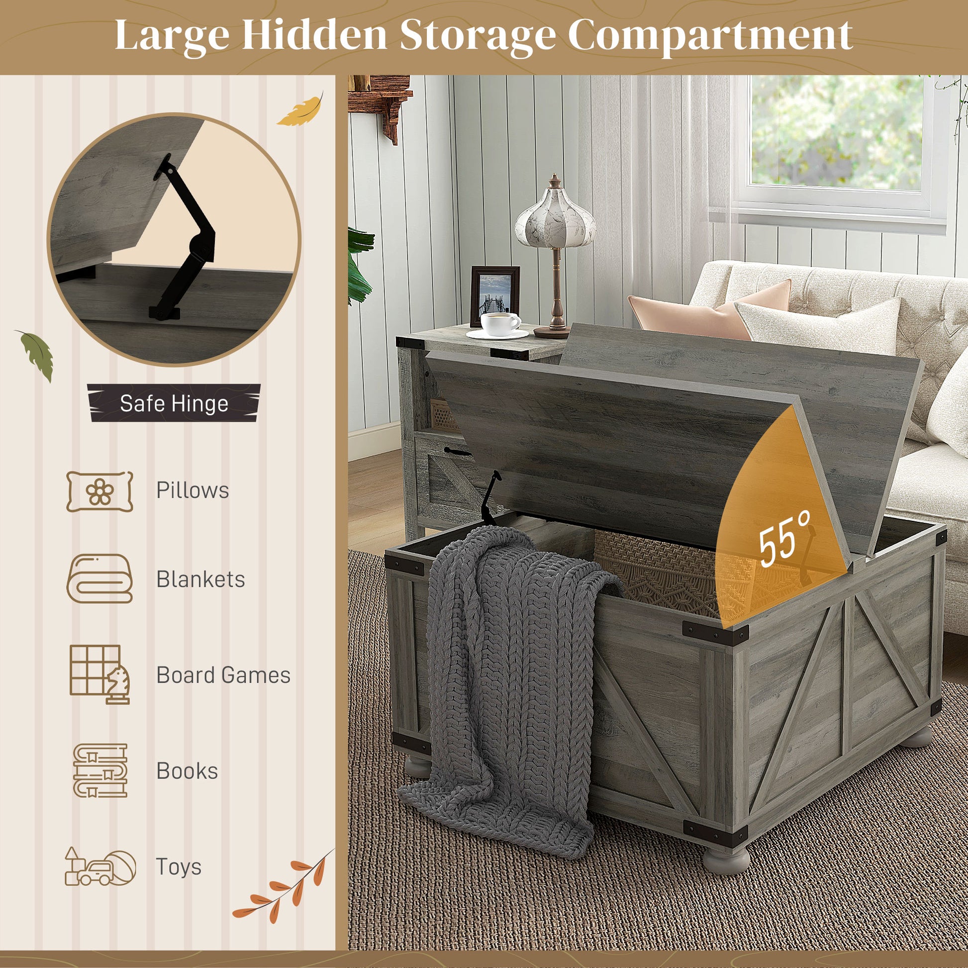 Farmhouse Coffee Table, Distressed Grey, Flip-top Lids, Storage, 31.5"x31.5"-DECOROLALA