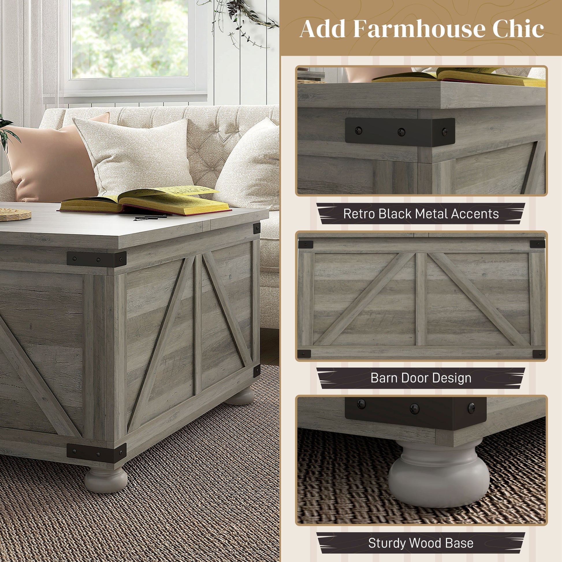 Farmhouse Coffee Table, Distressed Grey, Flip-top Lids, Storage, 31.5"x31.5"-DECOROLALA