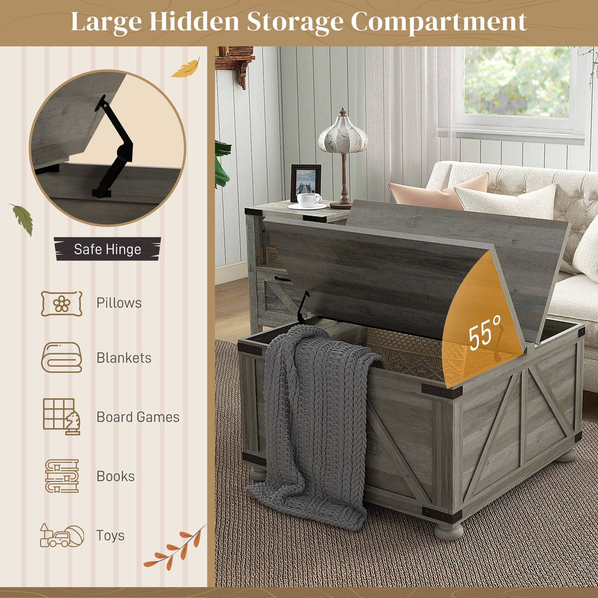Farmhouse Coffee Table, Distressed Grey, Flip-top Lids, Storage, 31.5"x31.5"-DECOROLALA