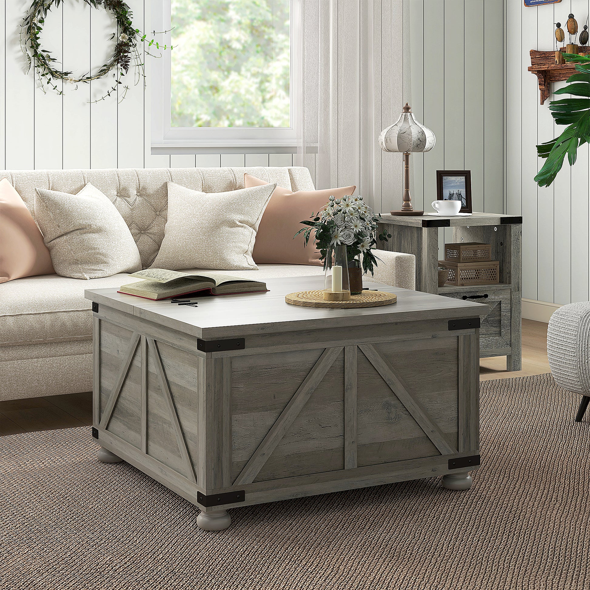 Farmhouse Coffee Table, Distressed Grey, Flip-top Lids, Storage, 31.5"x31.5"-DECOROLALA