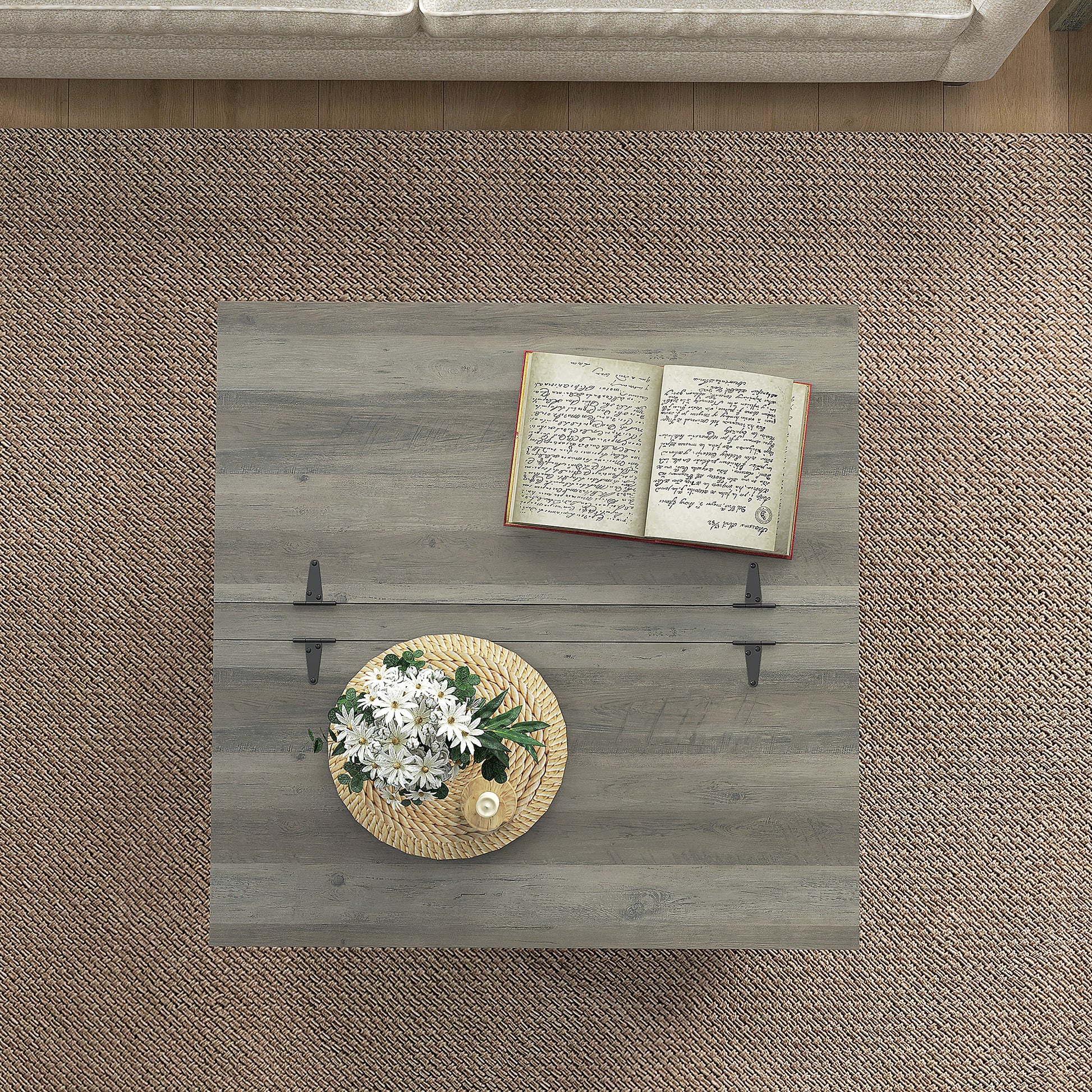 Farmhouse Coffee Table, Distressed Grey, Flip-top Lids, Storage, 31.5"x31.5"-DECOROLALA