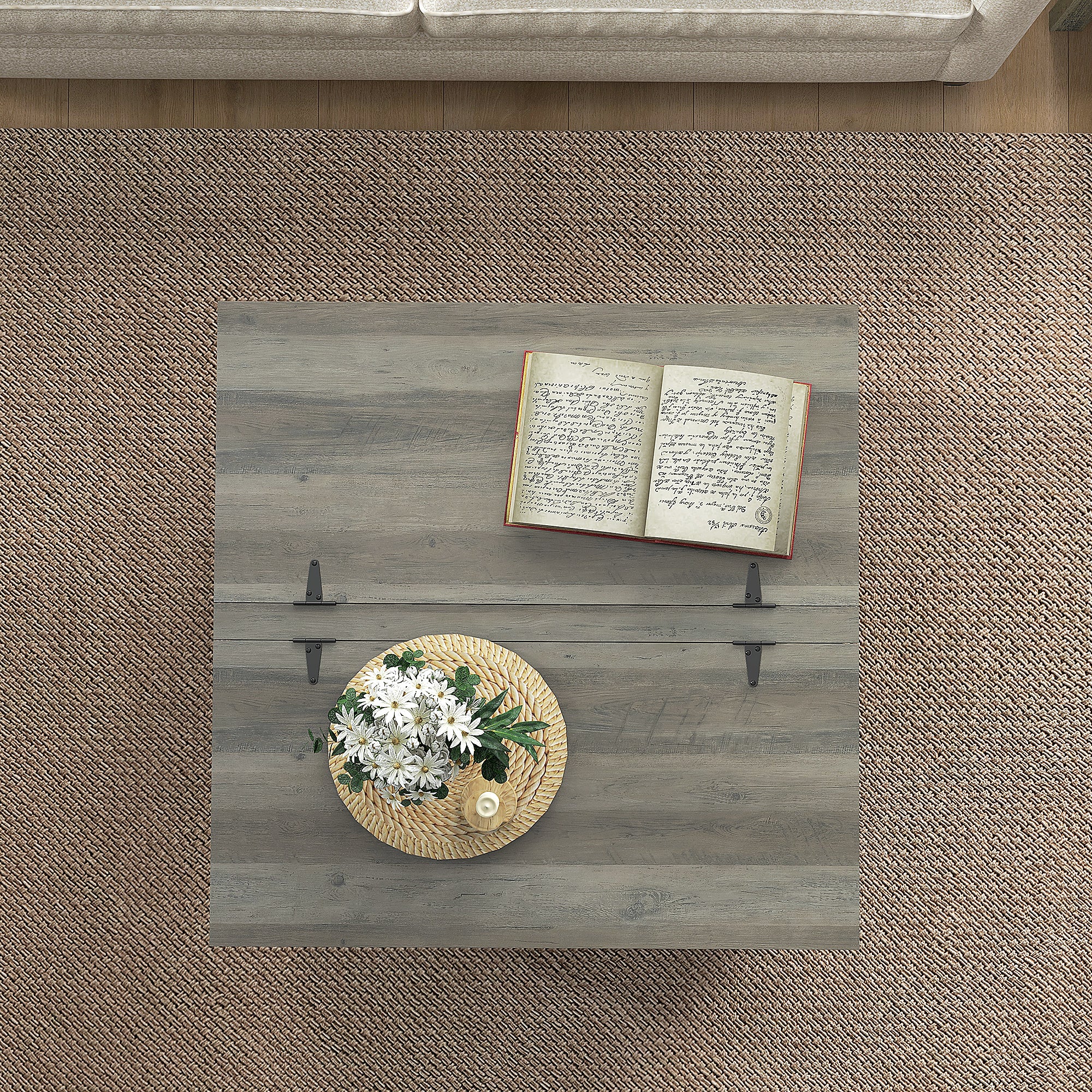 Farmhouse Coffee Table, Distressed Grey, Flip-top Lids, Storage, 31.5"x31.5"-DECOROLALA