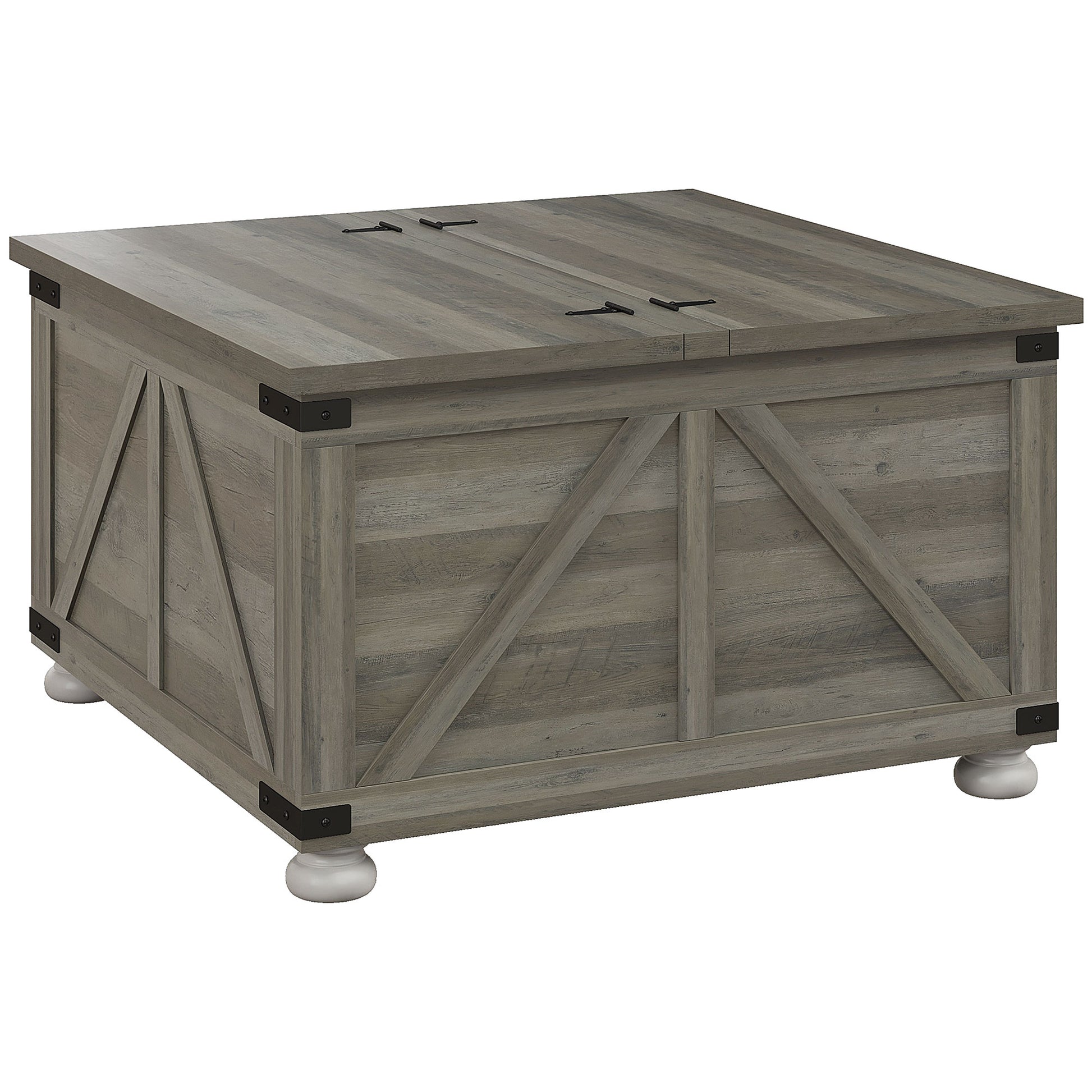 Farmhouse Coffee Table, Distressed Grey, Flip-top Lids, Storage, 31.5"x31.5"-DECOROLALA