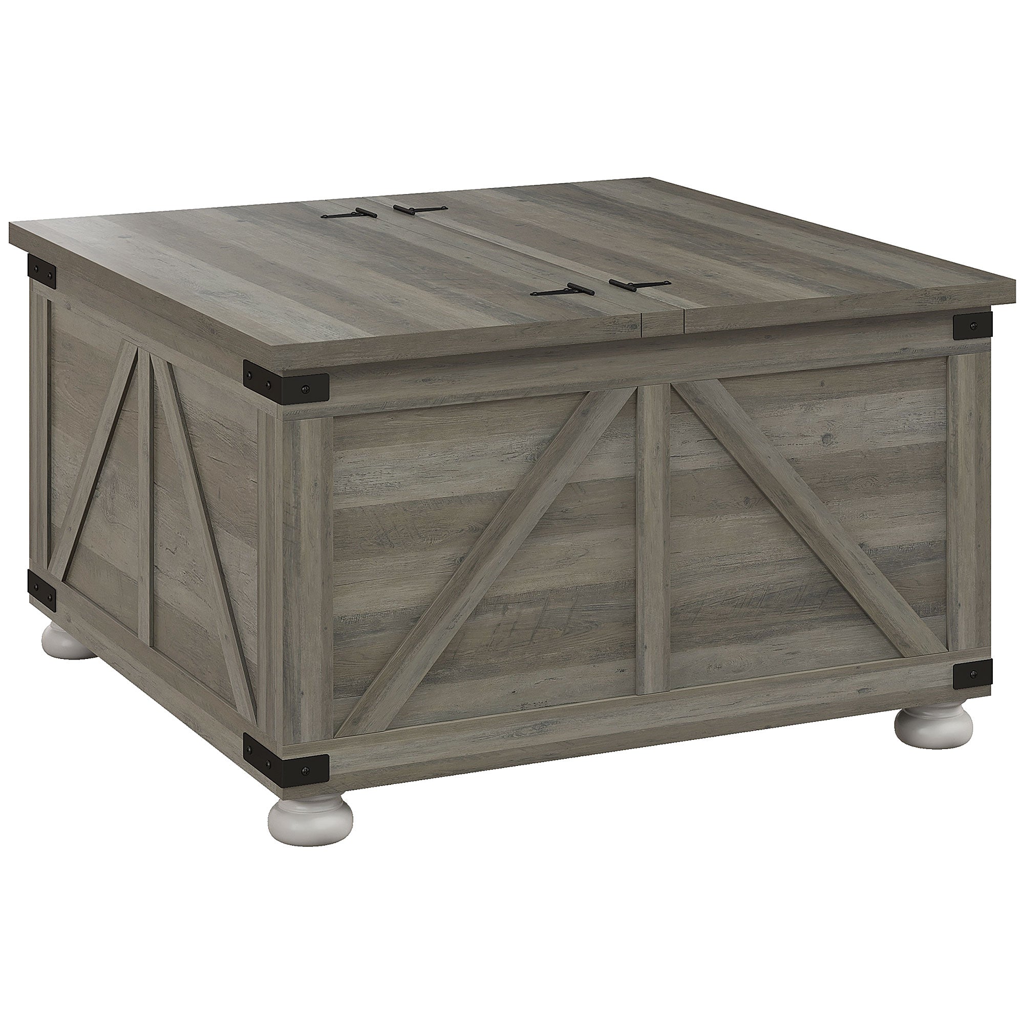 Farmhouse Coffee Table, Distressed Grey, Flip-top Lids, Storage, 31.5"x31.5"-DECOROLALA