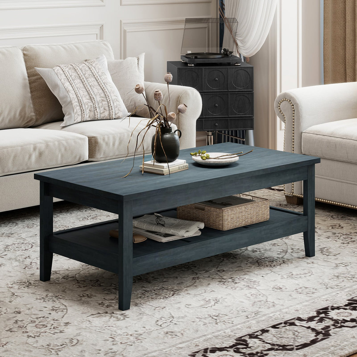 Farmhouse Coffee Table Rustic Cocktail Center Table with Thickened Tabletop-Blue-Coffee Tables-DECOROLALA