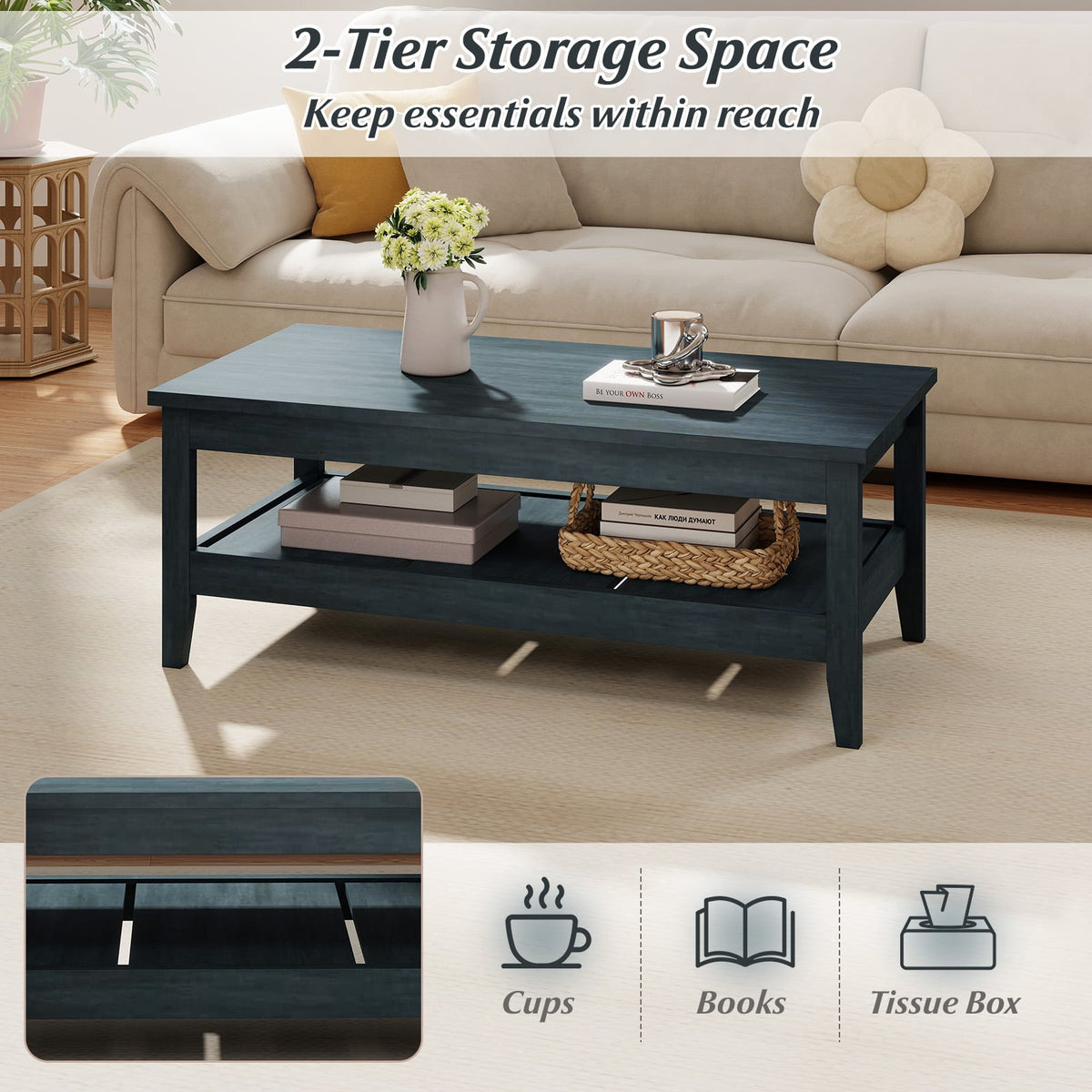 Farmhouse Coffee Table Rustic Cocktail Center Table with Thickened Tabletop-Blue-Coffee Tables-DECOROLALA