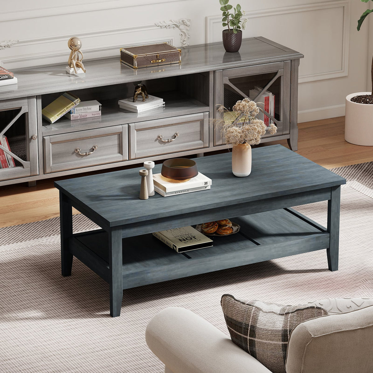 Farmhouse Coffee Table Rustic Cocktail Center Table with Thickened Tabletop-Blue-Coffee Tables-DECOROLALA