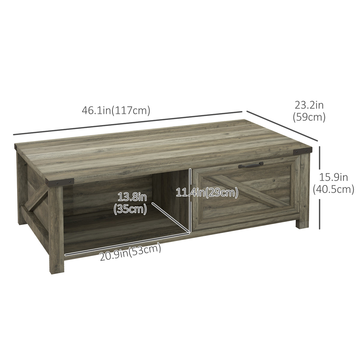 Farmhouse Coffee Table with Drawer and Shelf - Grey-Home Furnishings > Living Room Furniture > Coffee Tables-DECOROLALA