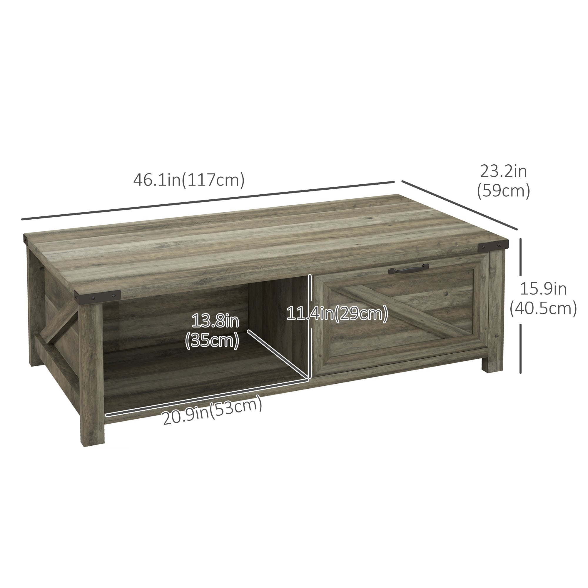 Farmhouse Coffee Table with Drawer and Shelf - Grey-Home Furnishings > Living Room Furniture > Coffee Tables-DECOROLALA