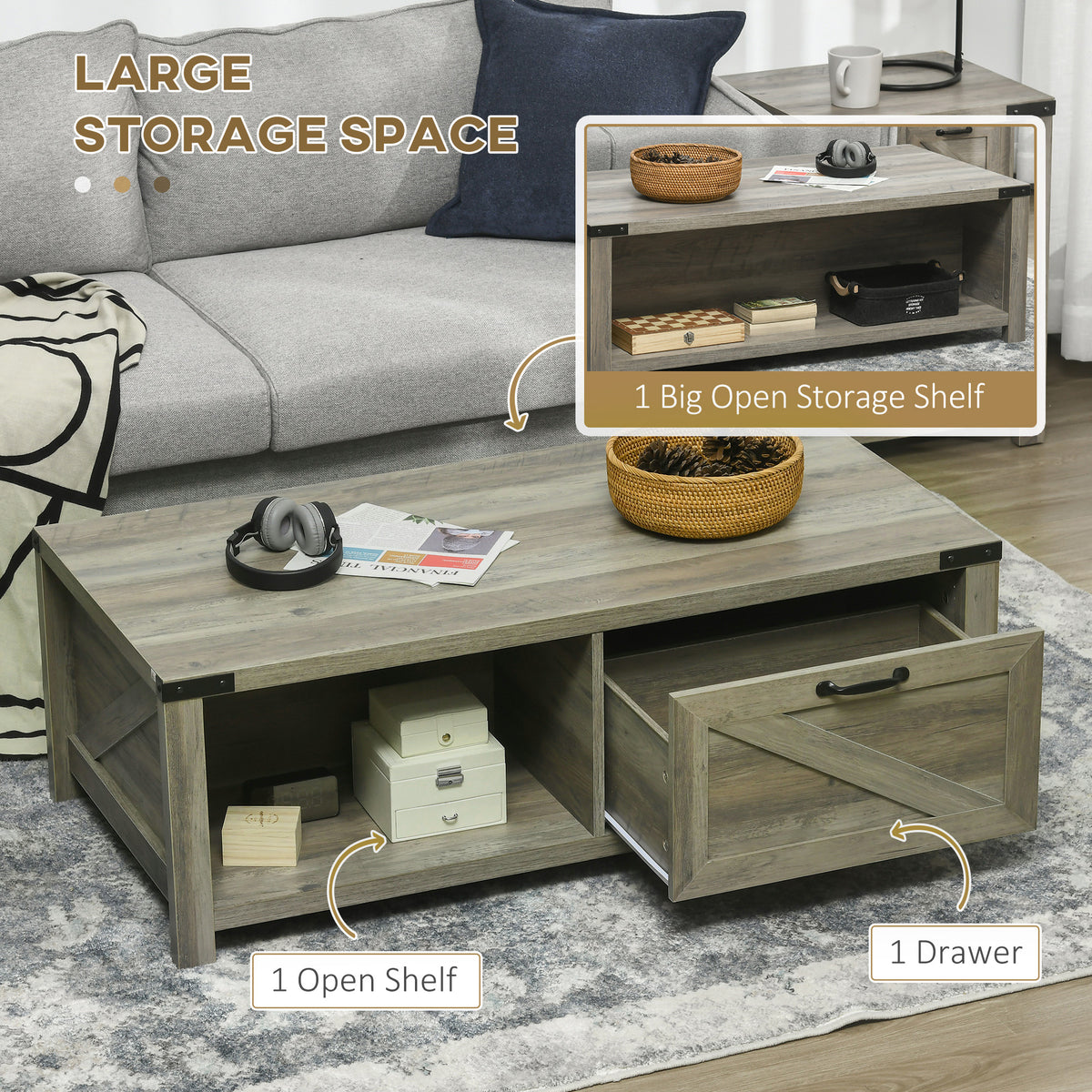 Farmhouse Coffee Table with Drawer and Shelf - Grey-Home Furnishings > Living Room Furniture > Coffee Tables-DECOROLALA