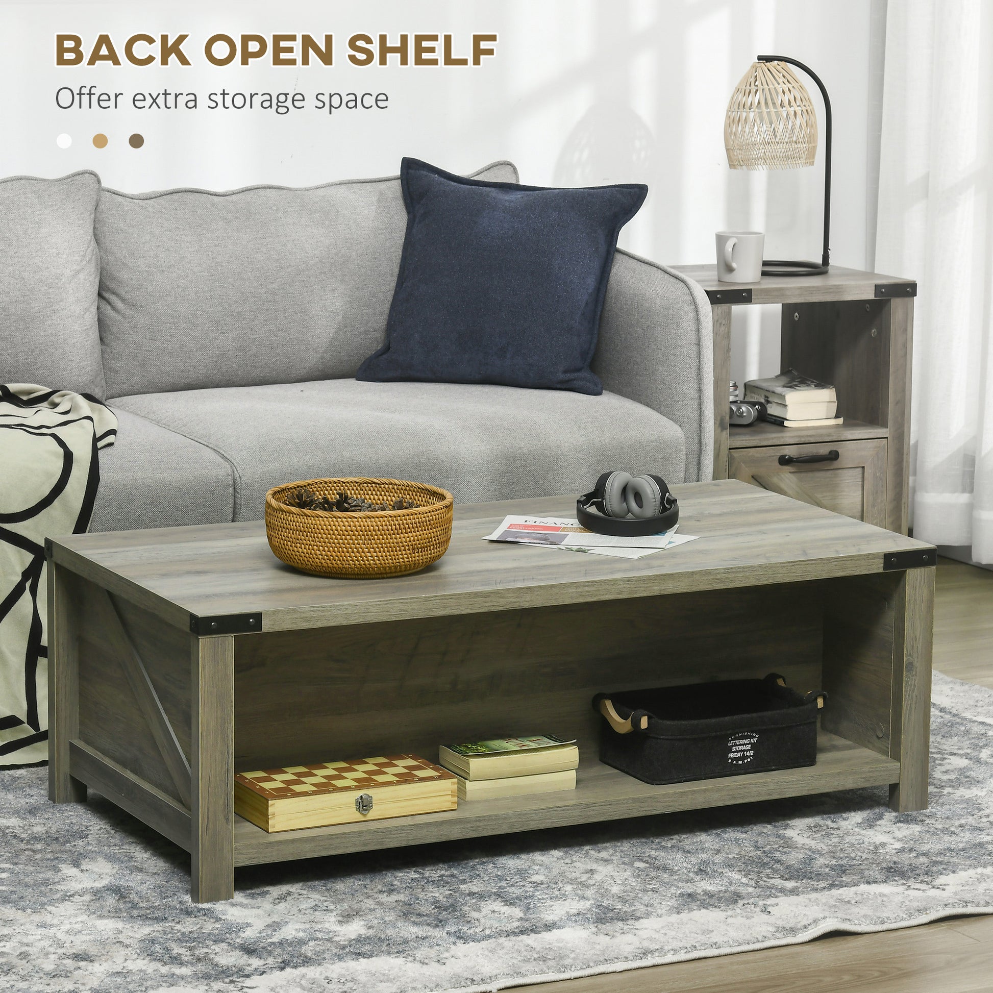 Farmhouse Coffee Table with Drawer and Shelf - Grey-Home Furnishings > Living Room Furniture > Coffee Tables-DECOROLALA