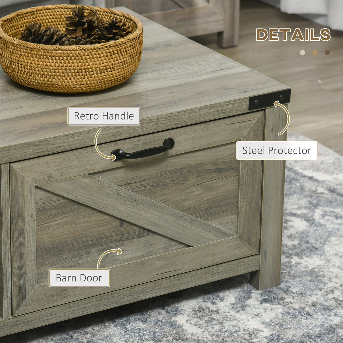Farmhouse Coffee Table with Drawer and Shelf - Grey-Home Furnishings > Living Room Furniture > Coffee Tables-DECOROLALA
