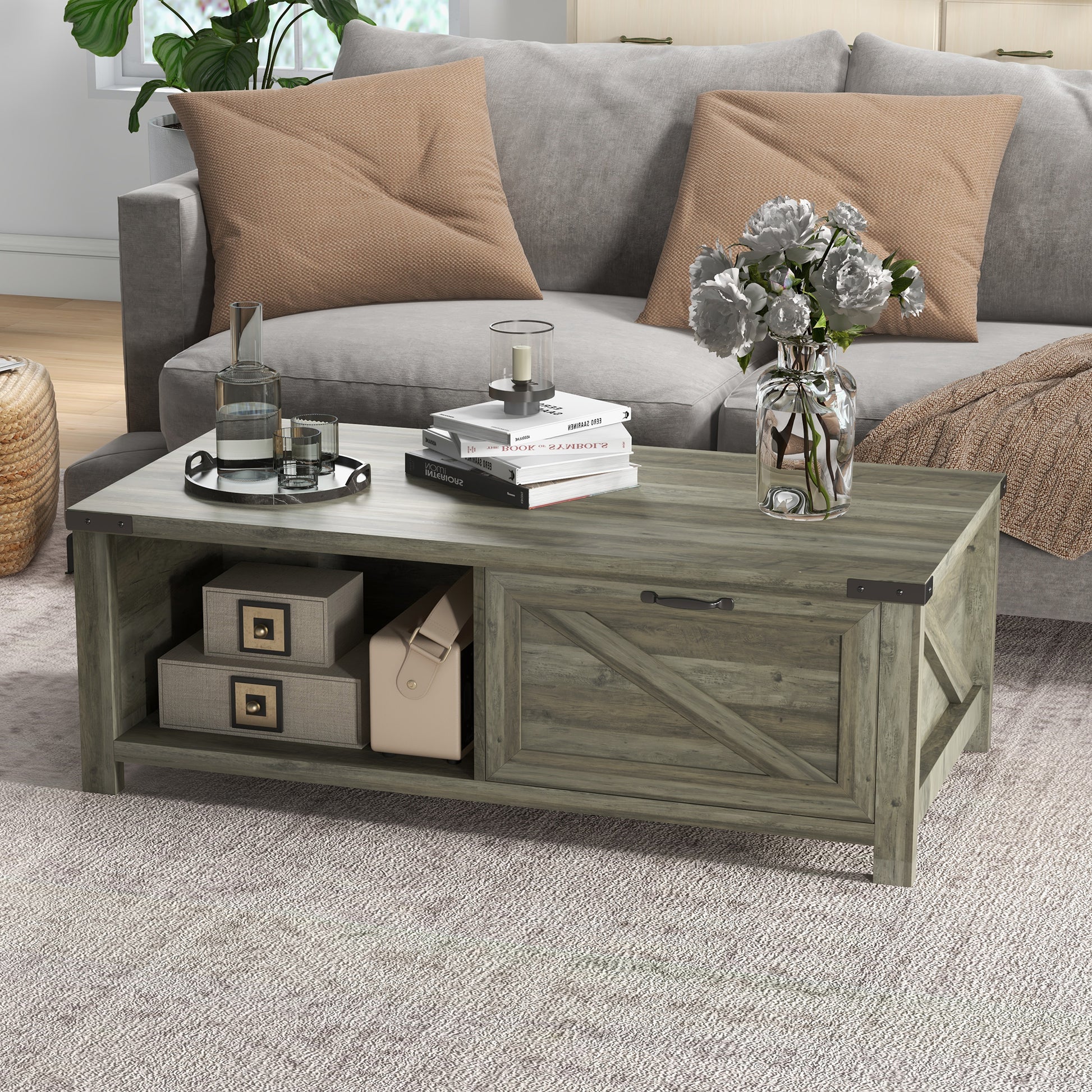 Farmhouse Coffee Table with Drawer and Shelf - Grey-Home Furnishings > Living Room Furniture > Coffee Tables-DECOROLALA