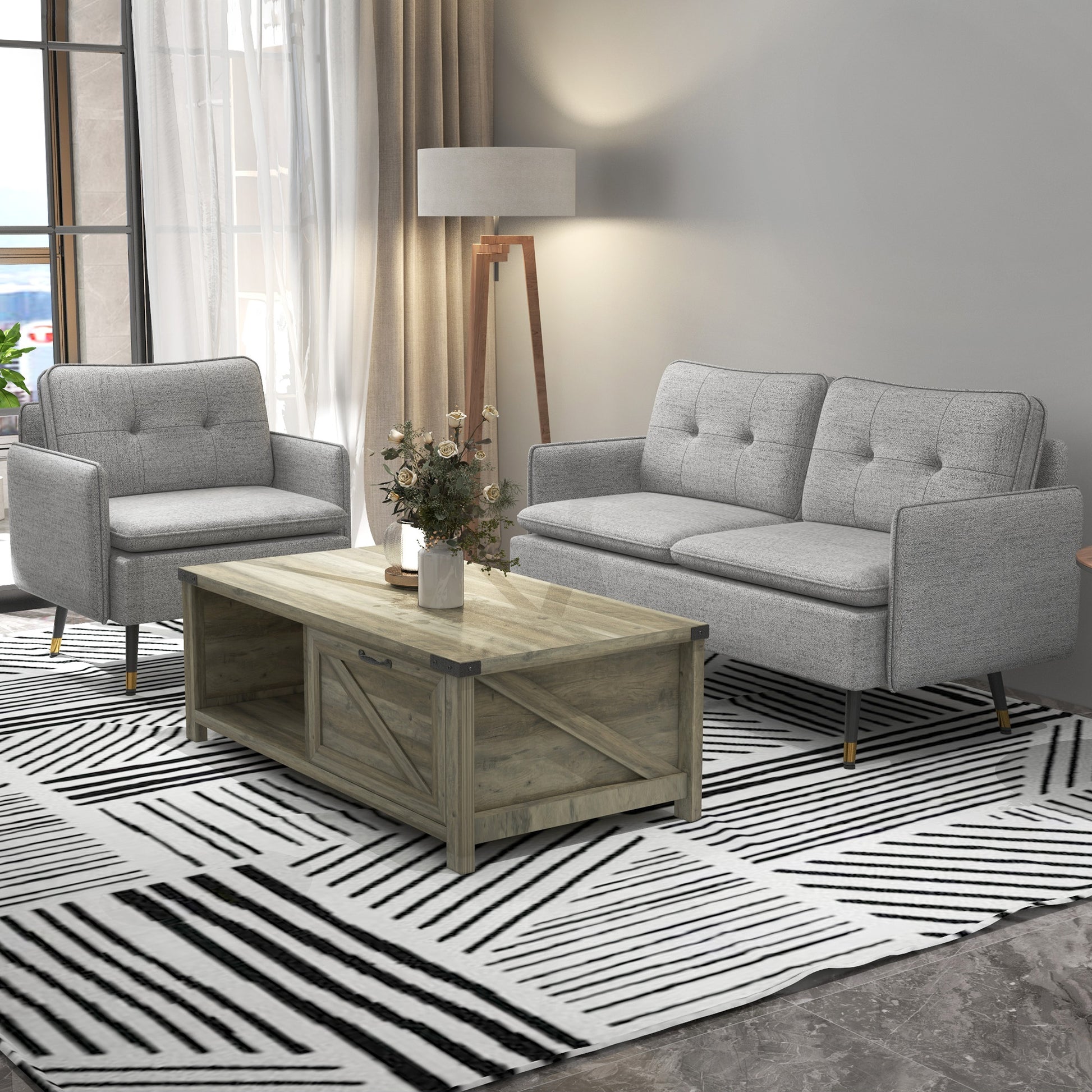 Farmhouse Coffee Table with Drawer and Shelf - Grey-Home Furnishings > Living Room Furniture > Coffee Tables-DECOROLALA