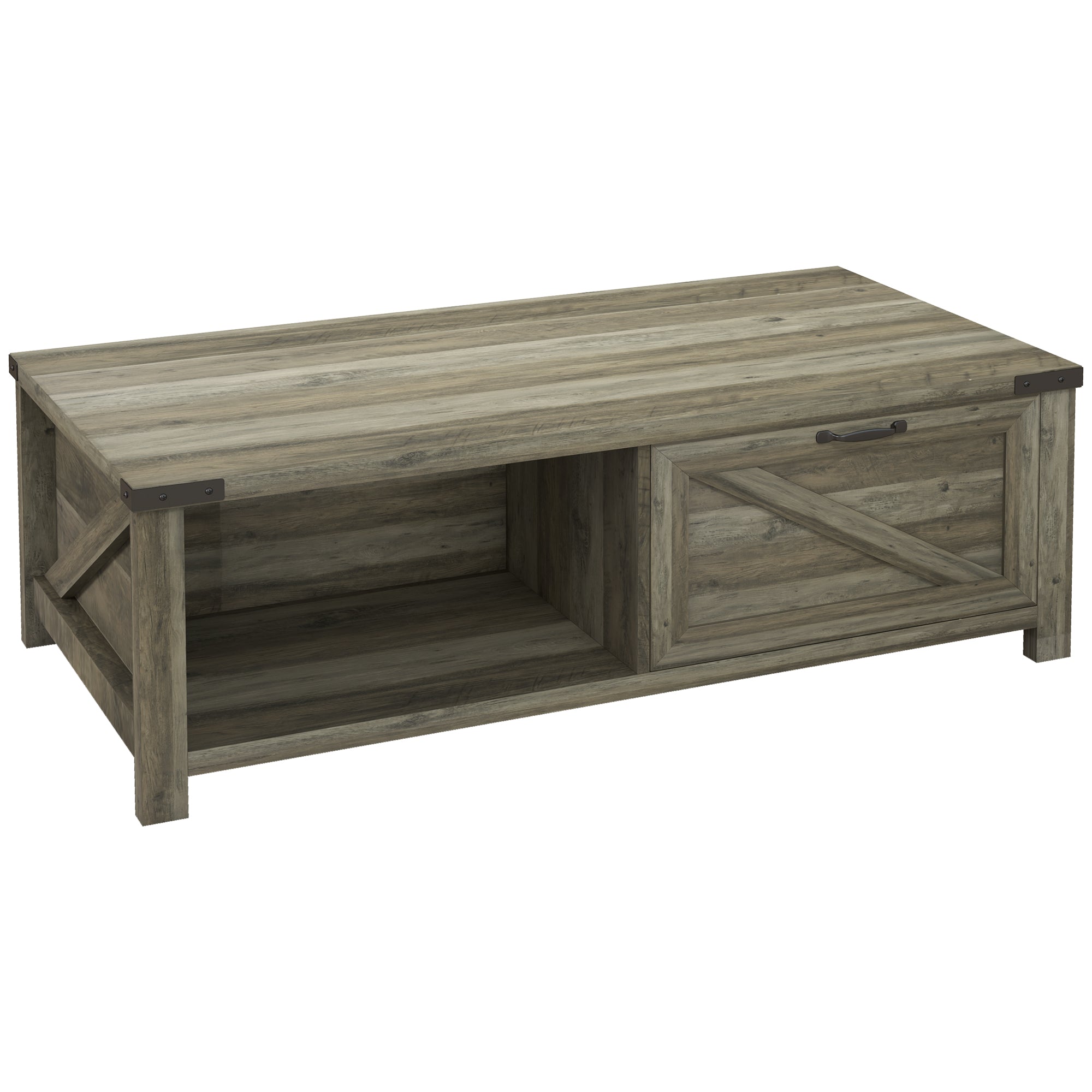 Farmhouse Coffee Table with Drawer and Shelf - Grey-Home Furnishings > Living Room Furniture > Coffee Tables-DECOROLALA