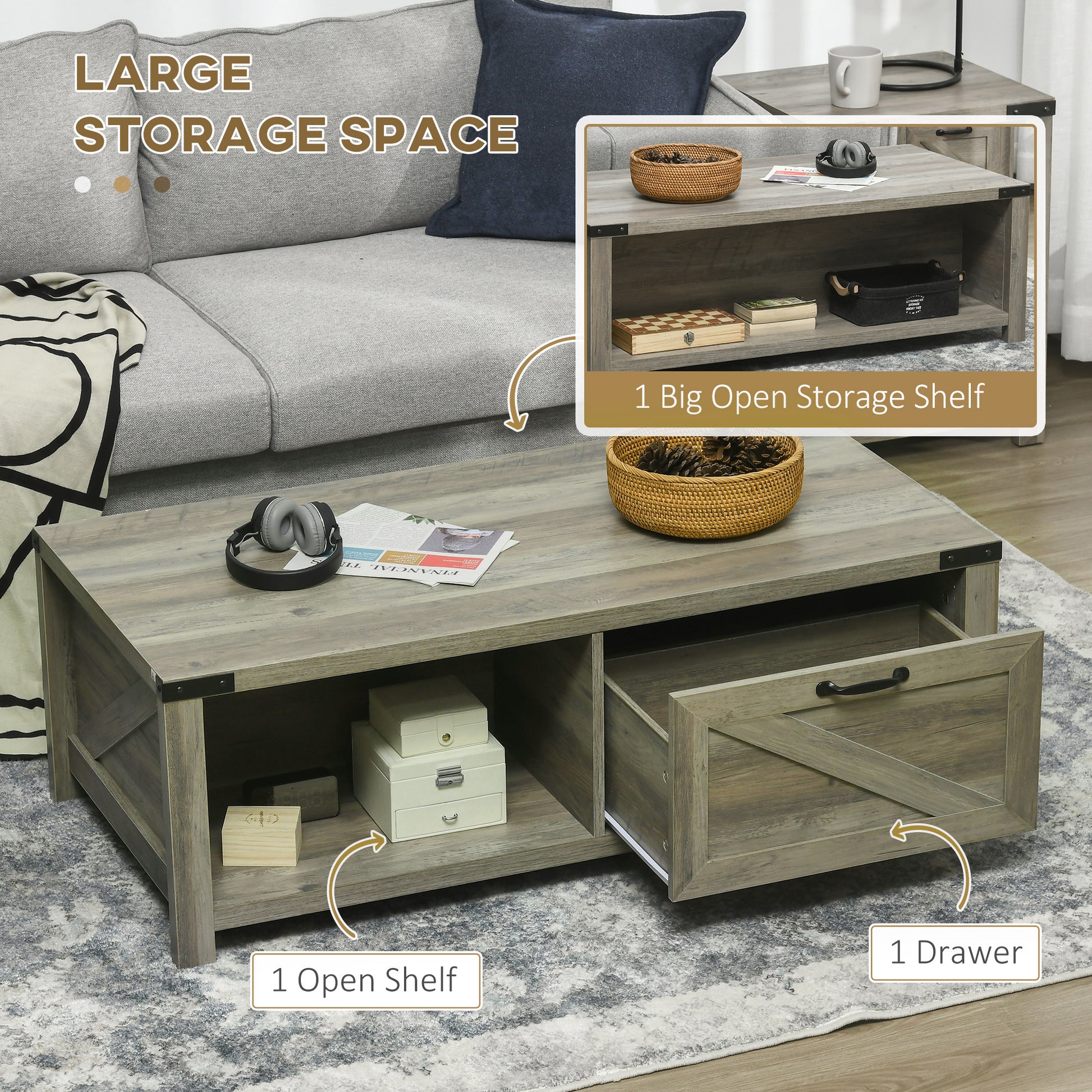 Farmhouse Coffee Table with Drawer and Storage Shelf, Rustic Center Table for Living Room, Meeting Room, Grey-Home Furnishings > Living Room Furniture > Coffee Tables-DECOROLALA