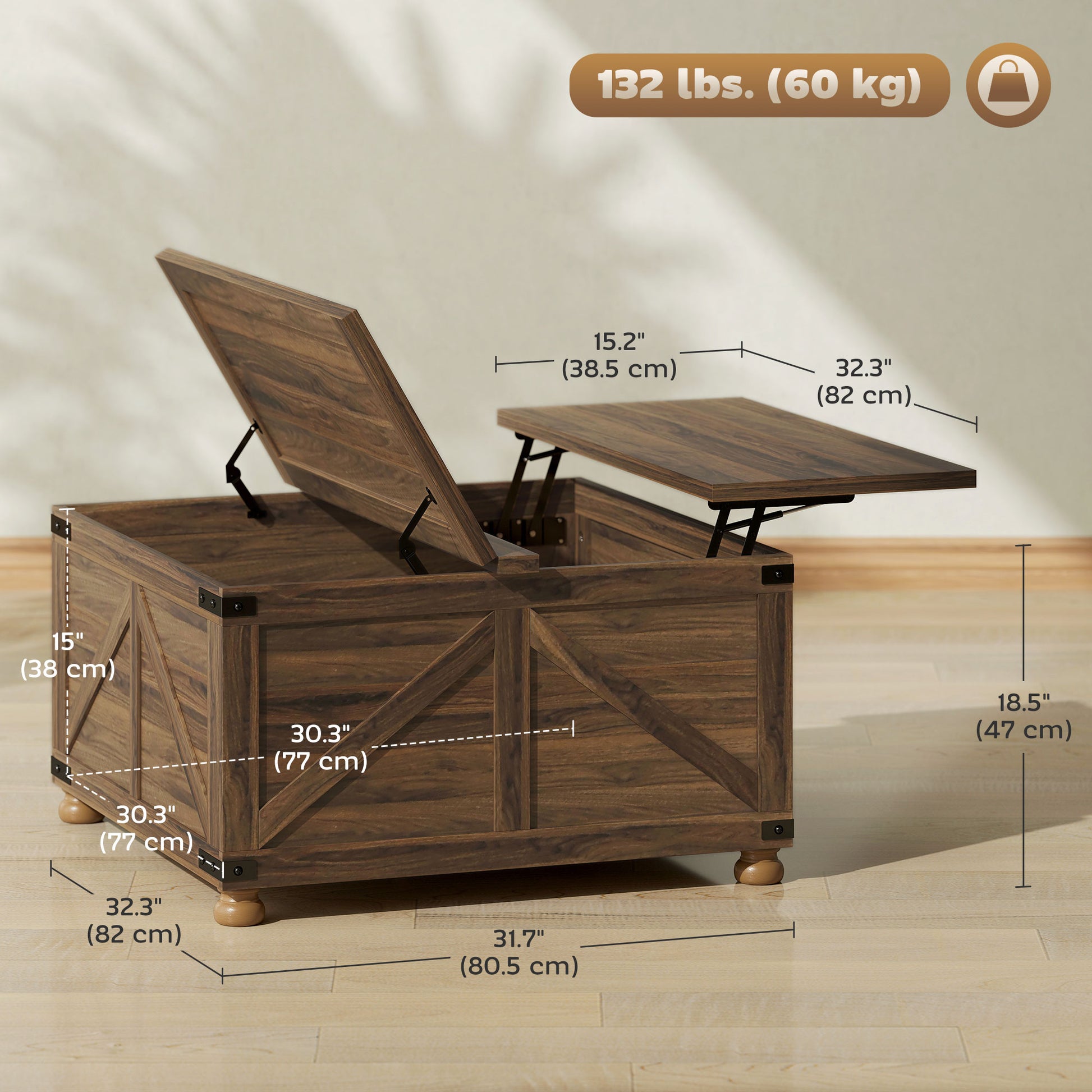 Farmhouse Coffee Table with Lift Top, 32" - Brown Wood Grain, Hidden Compartment-DECOROLALA